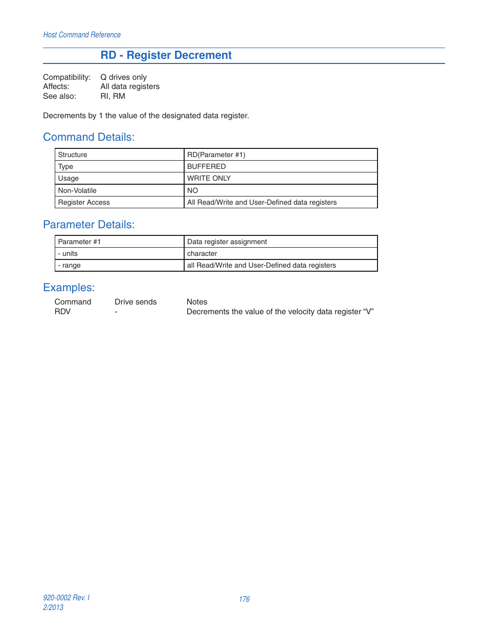 Rd - register decrement, Command details, Parameter details | Examples | Applied Motion RS-232 User Manual | Page 176 / 320