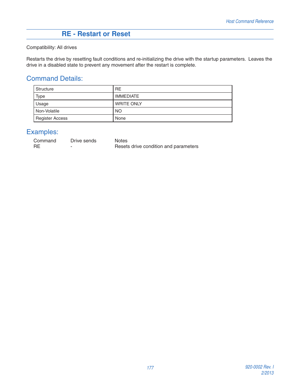 Re - restart or reset, Command details, Examples | Applied Motion RS-232 User Manual | Page 177 / 320
