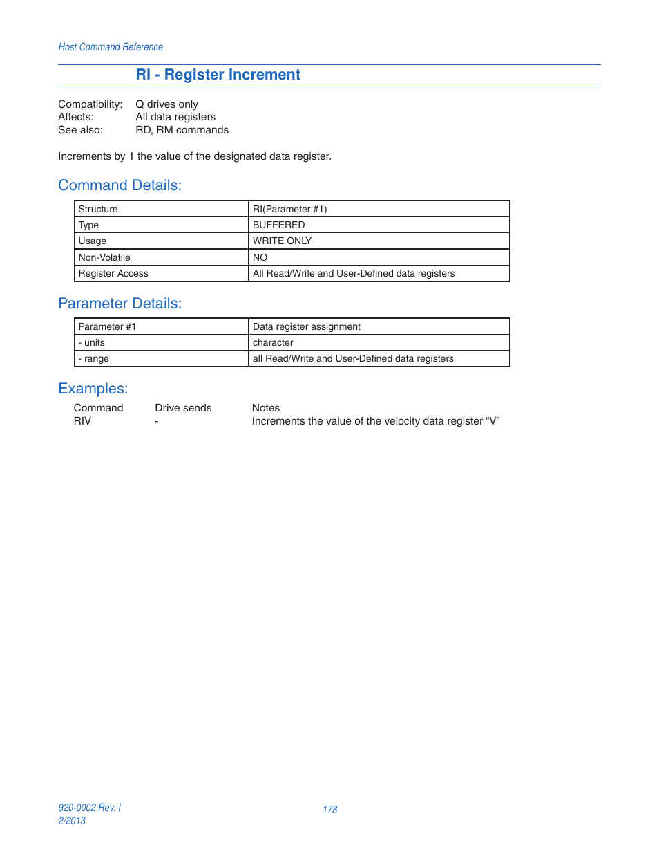 Ri - register increment, Command details, Parameter details | Examples | Applied Motion RS-232 User Manual | Page 178 / 320