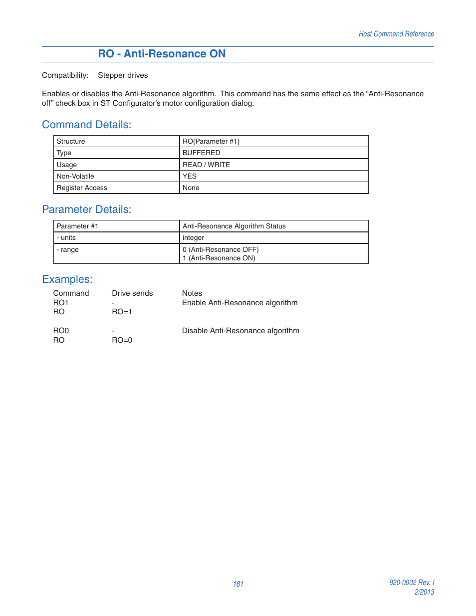 Ro - anti-resonance on, Command details, Parameter details | Examples | Applied Motion RS-232 User Manual | Page 181 / 320