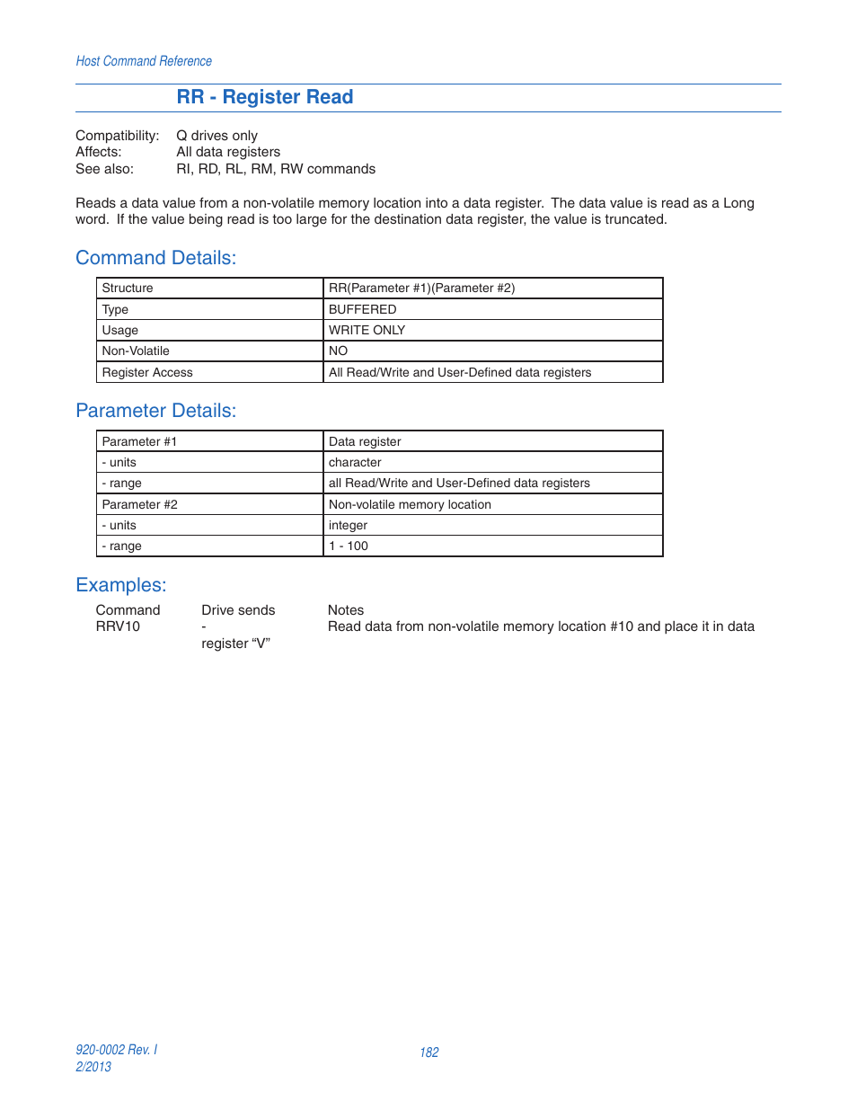 Rr - register read, Command details, Parameter details | Examples | Applied Motion RS-232 User Manual | Page 182 / 320