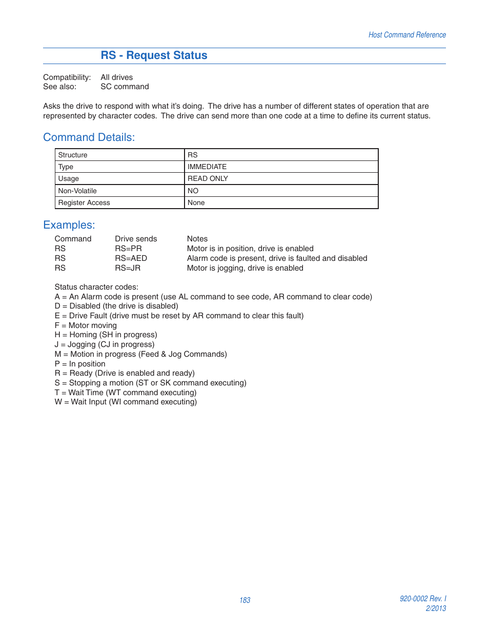 Rs - request status, Command details, Examples | Applied Motion RS-232 User Manual | Page 183 / 320