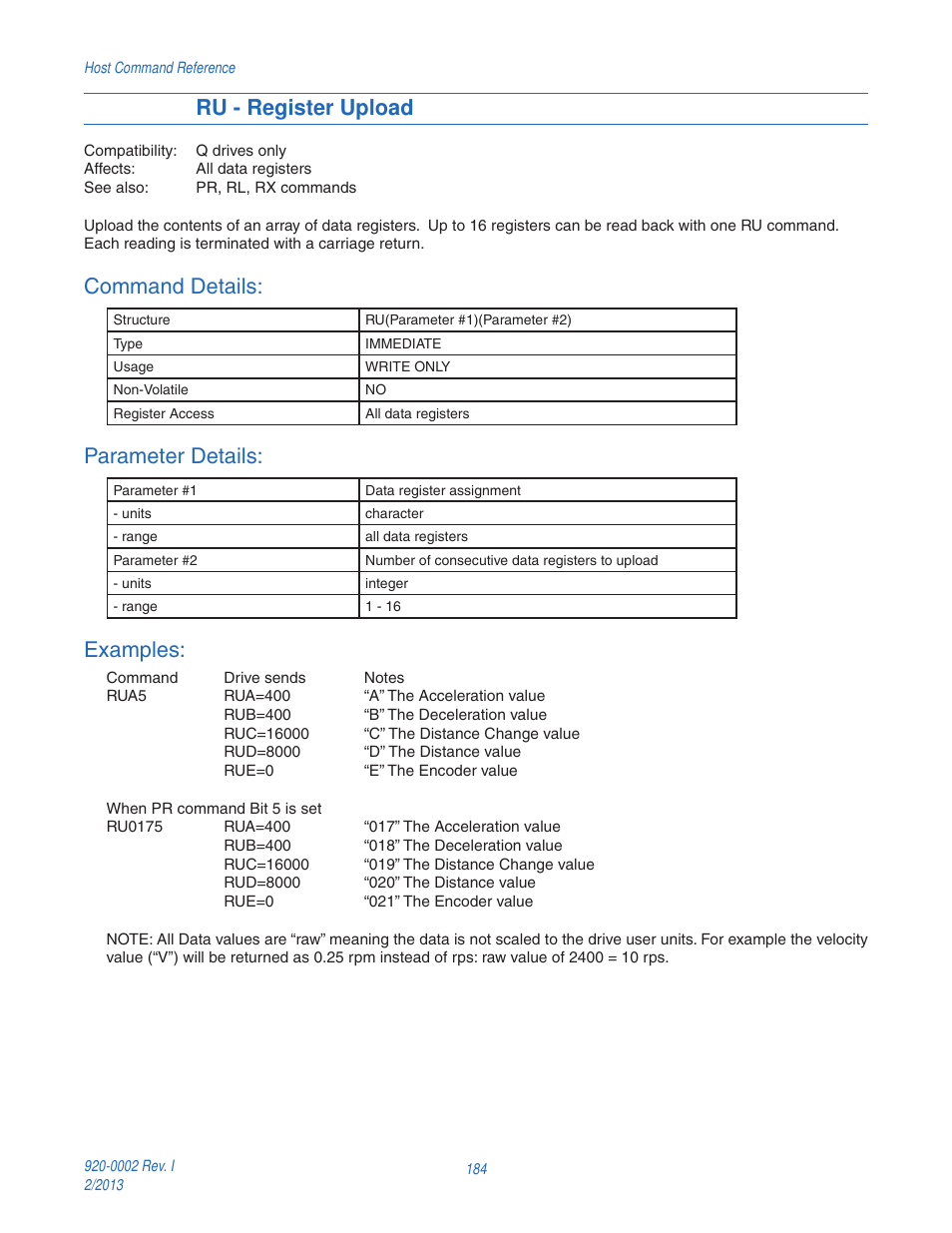 Ru - register upload, Command details, Parameter details | Examples | Applied Motion RS-232 User Manual | Page 184 / 320