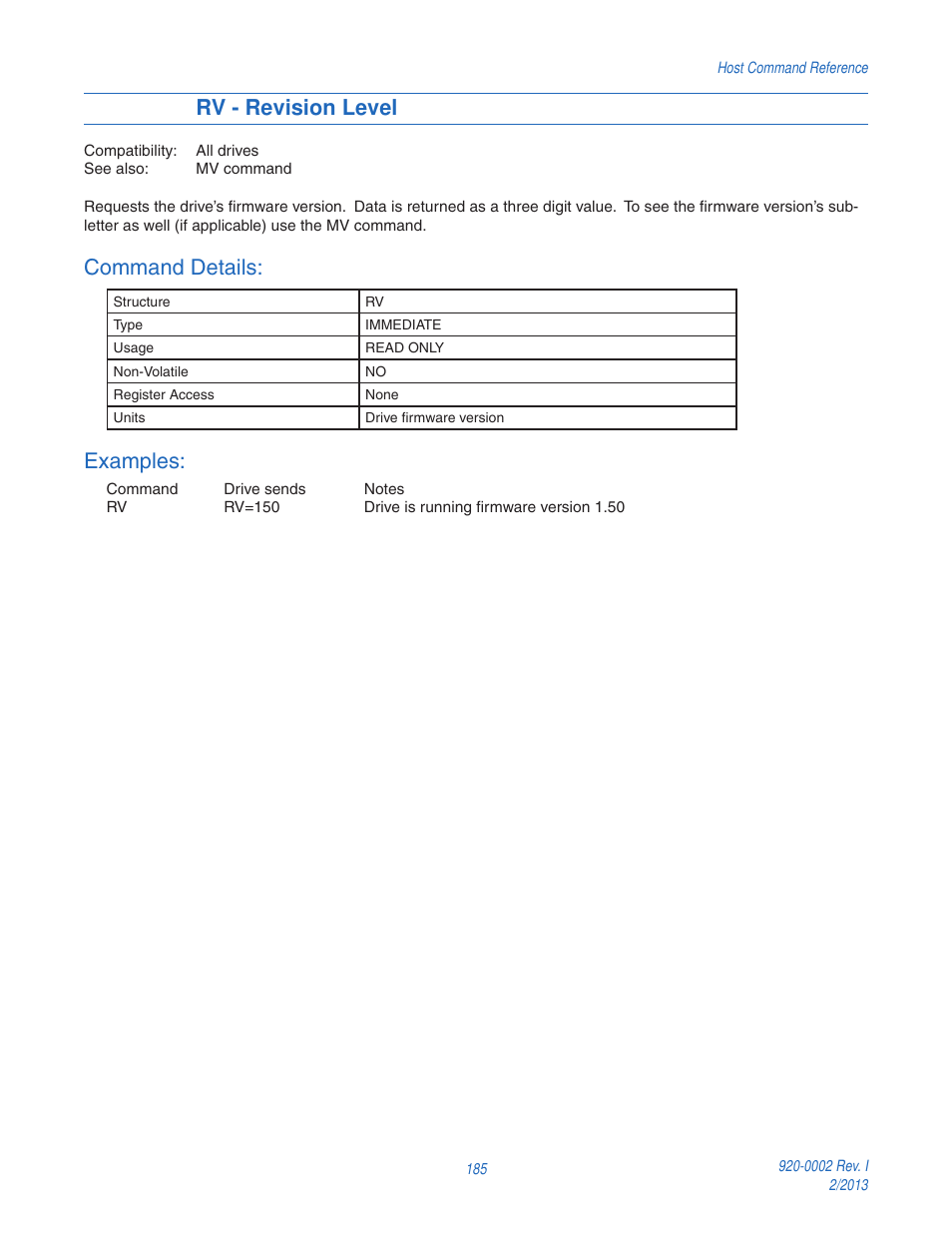 Rv - revision level, Command details, Examples | Applied Motion RS-232 User Manual | Page 185 / 320