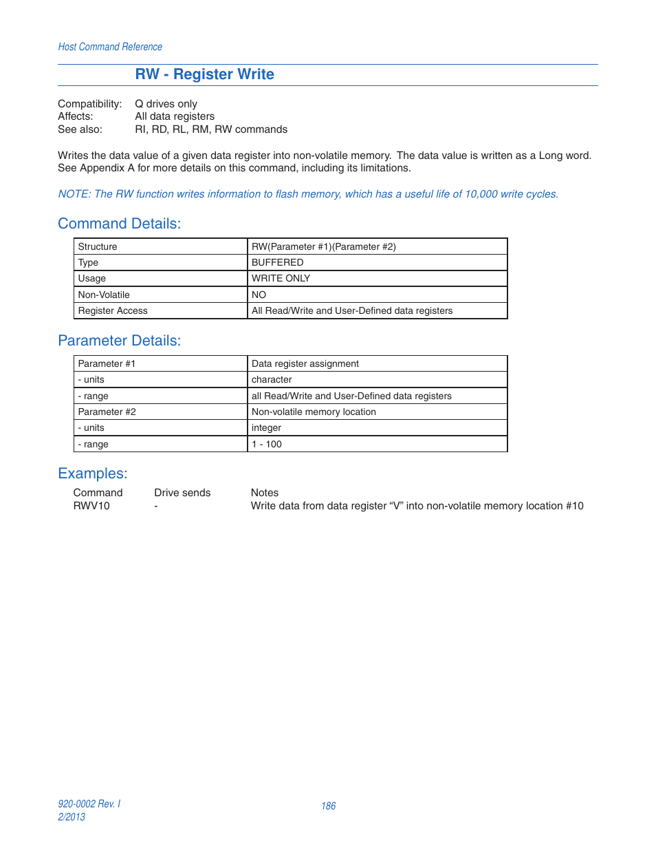 Rw - register write, Command details, Parameter details | Examples | Applied Motion RS-232 User Manual | Page 186 / 320