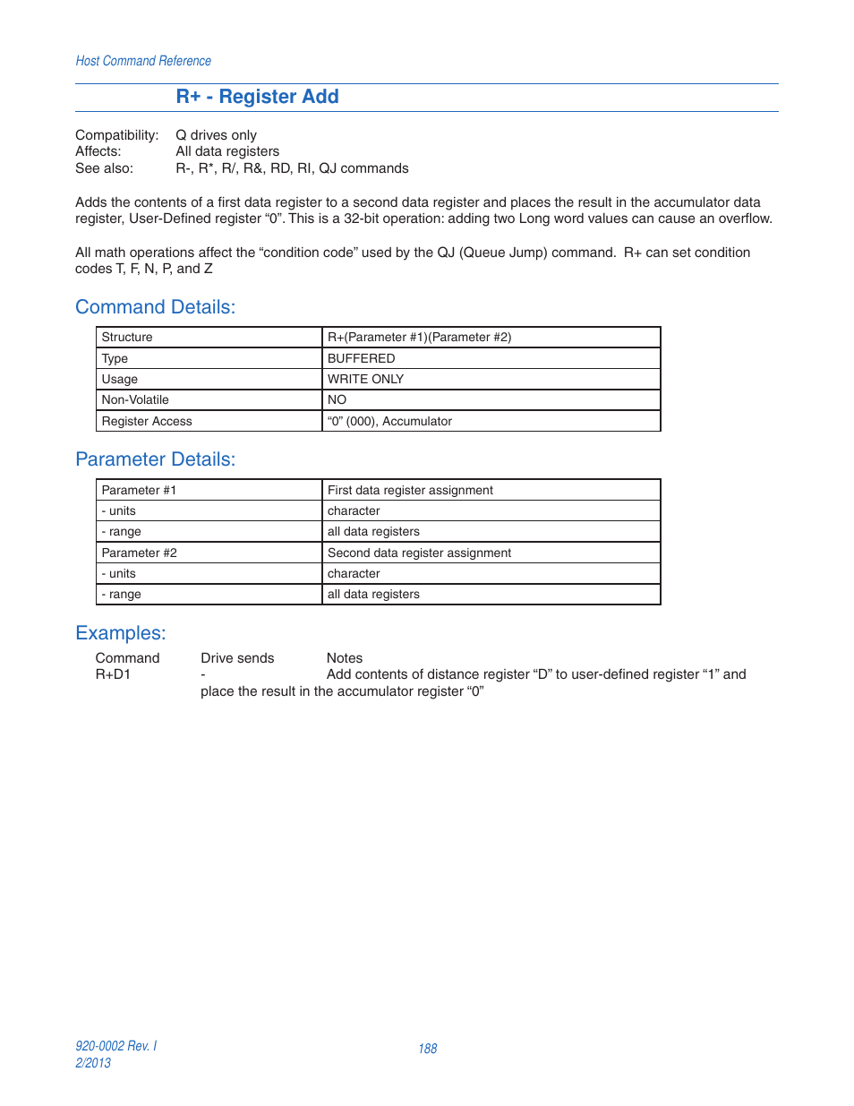 R+ - register add, Command details, Parameter details | Examples | Applied Motion RS-232 User Manual | Page 188 / 320
