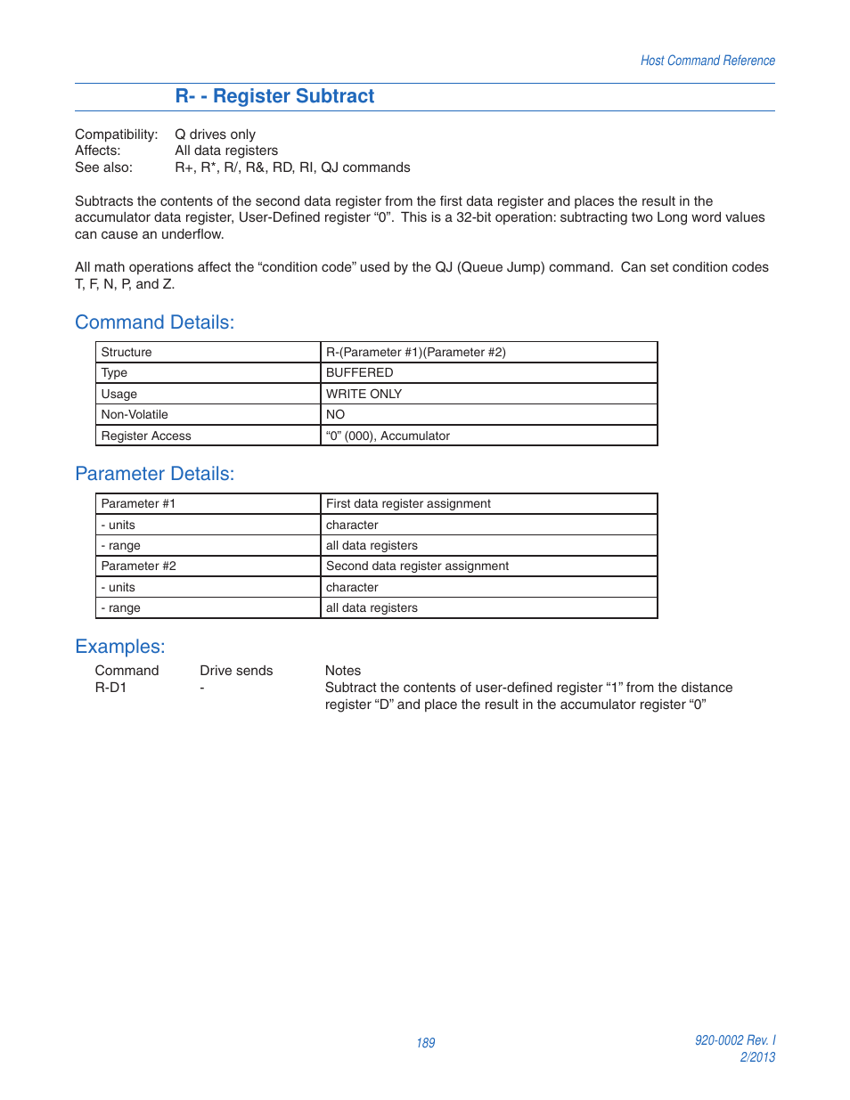 R- - register subtract, Command details, Parameter details | Examples | Applied Motion RS-232 User Manual | Page 189 / 320