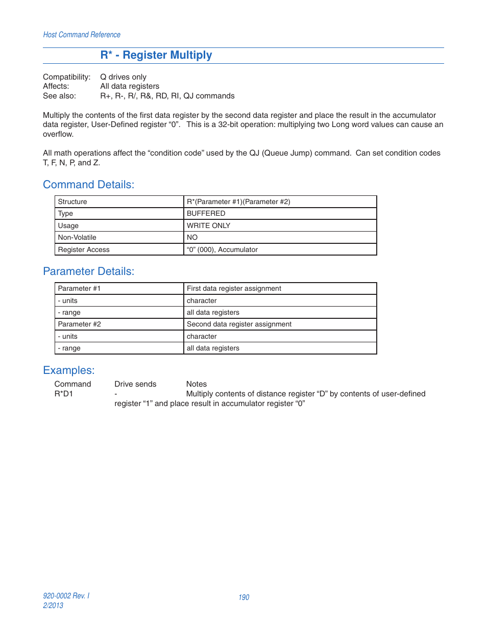R* - register multiply, Command details, Parameter details | Examples | Applied Motion RS-232 User Manual | Page 190 / 320