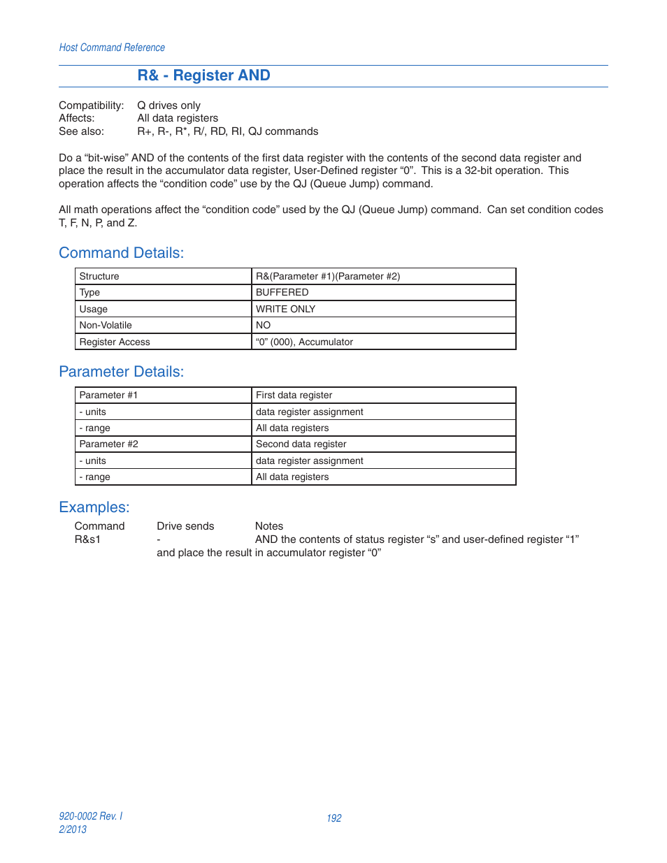 R& - register and, Command details, Parameter details | Examples | Applied Motion RS-232 User Manual | Page 192 / 320