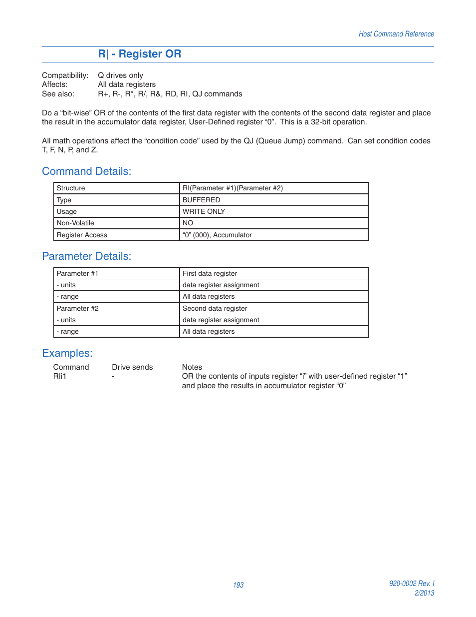 R| - register or, Command details, Parameter details | Examples | Applied Motion RS-232 User Manual | Page 193 / 320