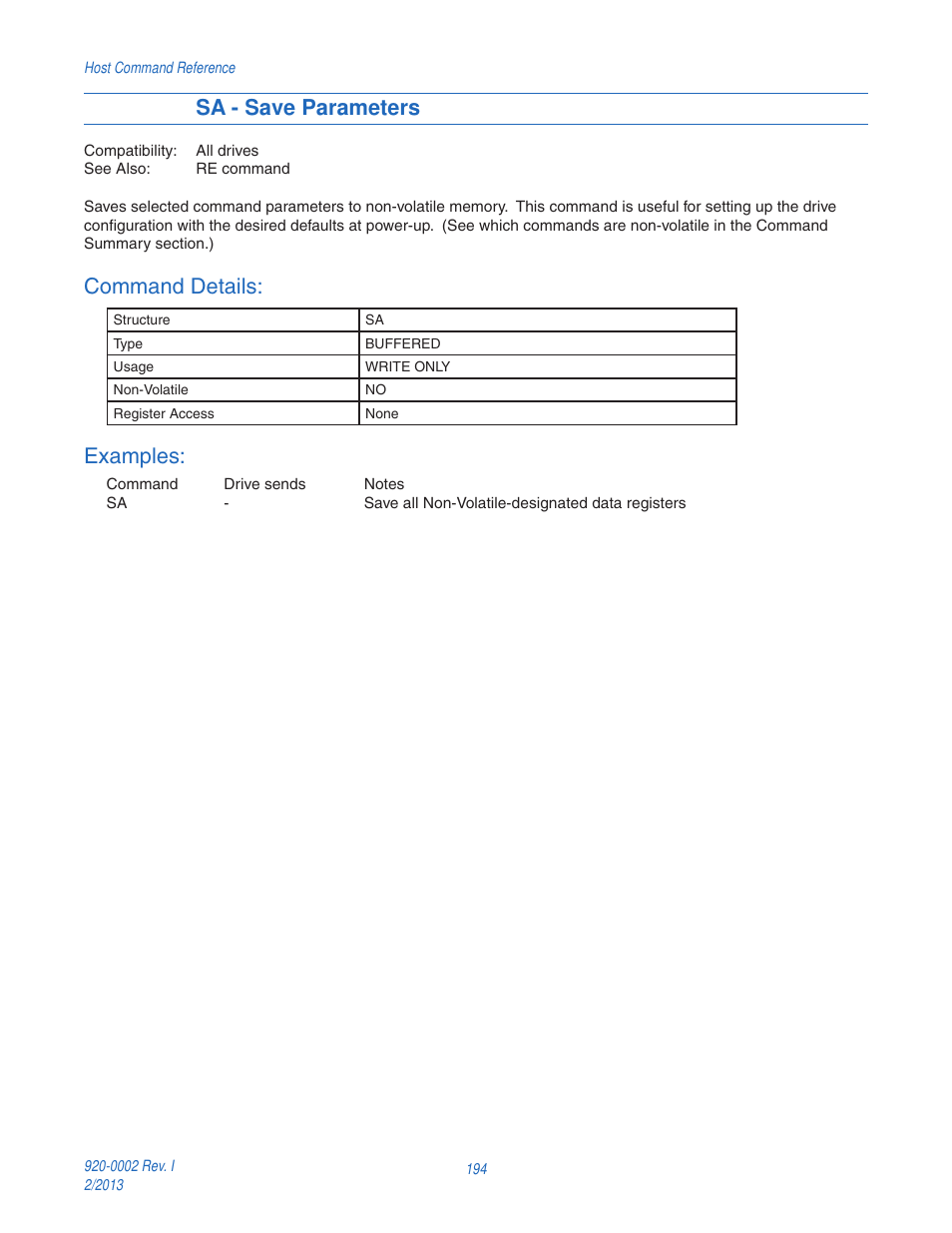 Sa - save parameters, Command details, Examples | Applied Motion RS-232 User Manual | Page 194 / 320