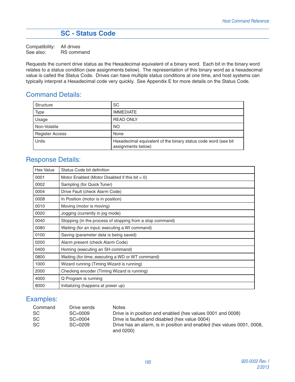 Sc - status code, Command details, Response details | Examples | Applied Motion RS-232 User Manual | Page 195 / 320