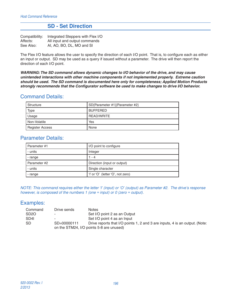 Sd - set direction, Command details, Parameter details | Examples | Applied Motion RS-232 User Manual | Page 196 / 320