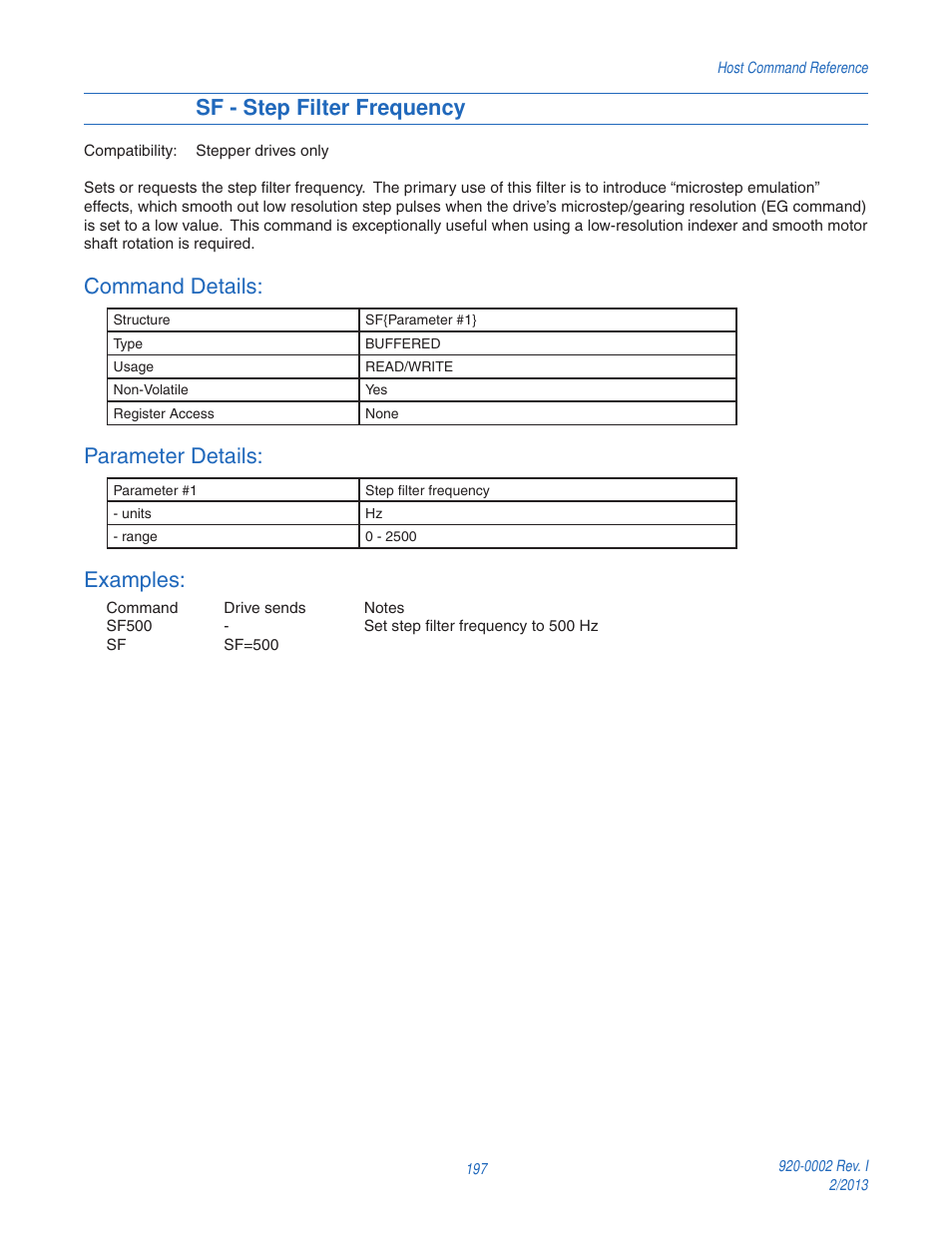 Sf - step filter frequency, Command details, Parameter details | Examples | Applied Motion RS-232 User Manual | Page 197 / 320