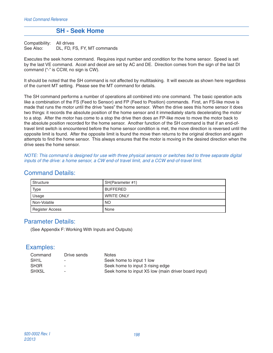 Sh - seek home, Command details, Parameter details | Examples | Applied Motion RS-232 User Manual | Page 198 / 320