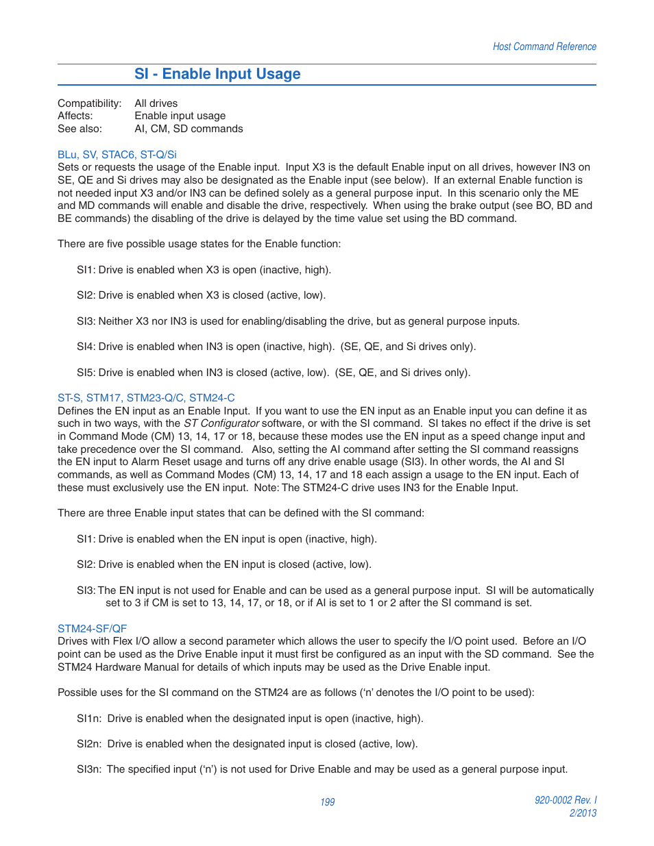 Si - enable input usage | Applied Motion RS-232 User Manual | Page 199 / 320