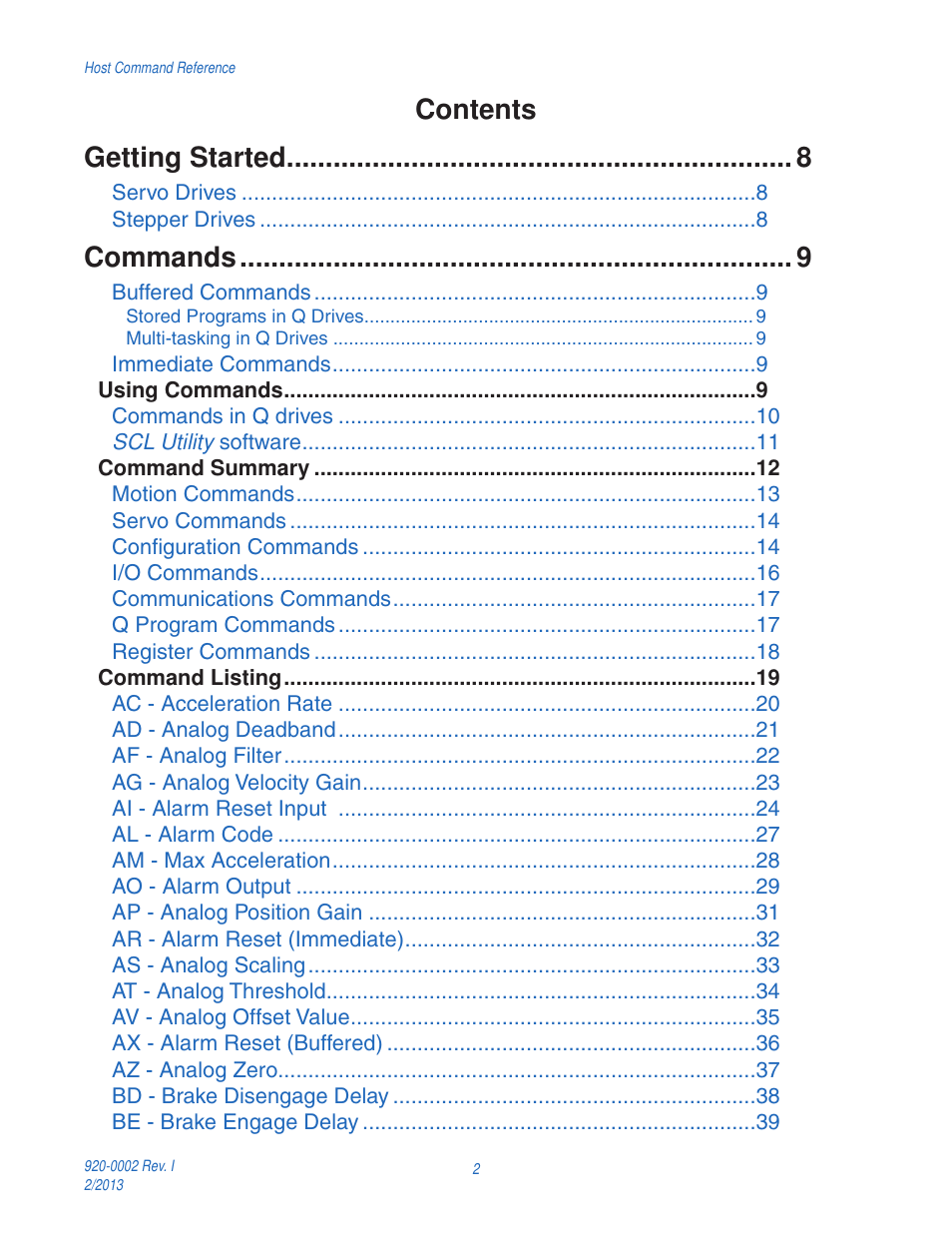 Contents getting started, Commands | Applied Motion RS-232 User Manual | Page 2 / 320