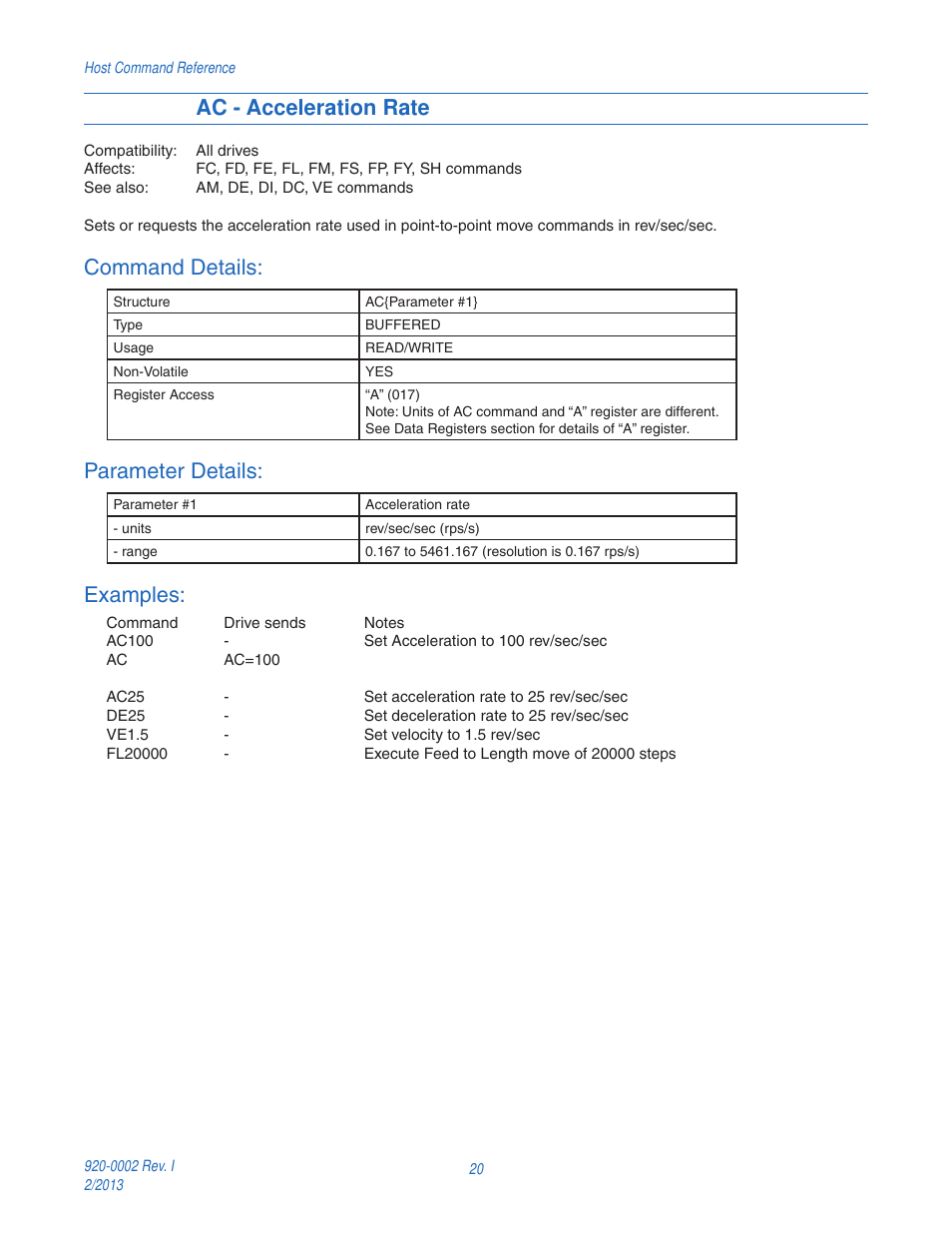 Ac - acceleration rate, Command details, Parameter details | Examples | Applied Motion RS-232 User Manual | Page 20 / 320