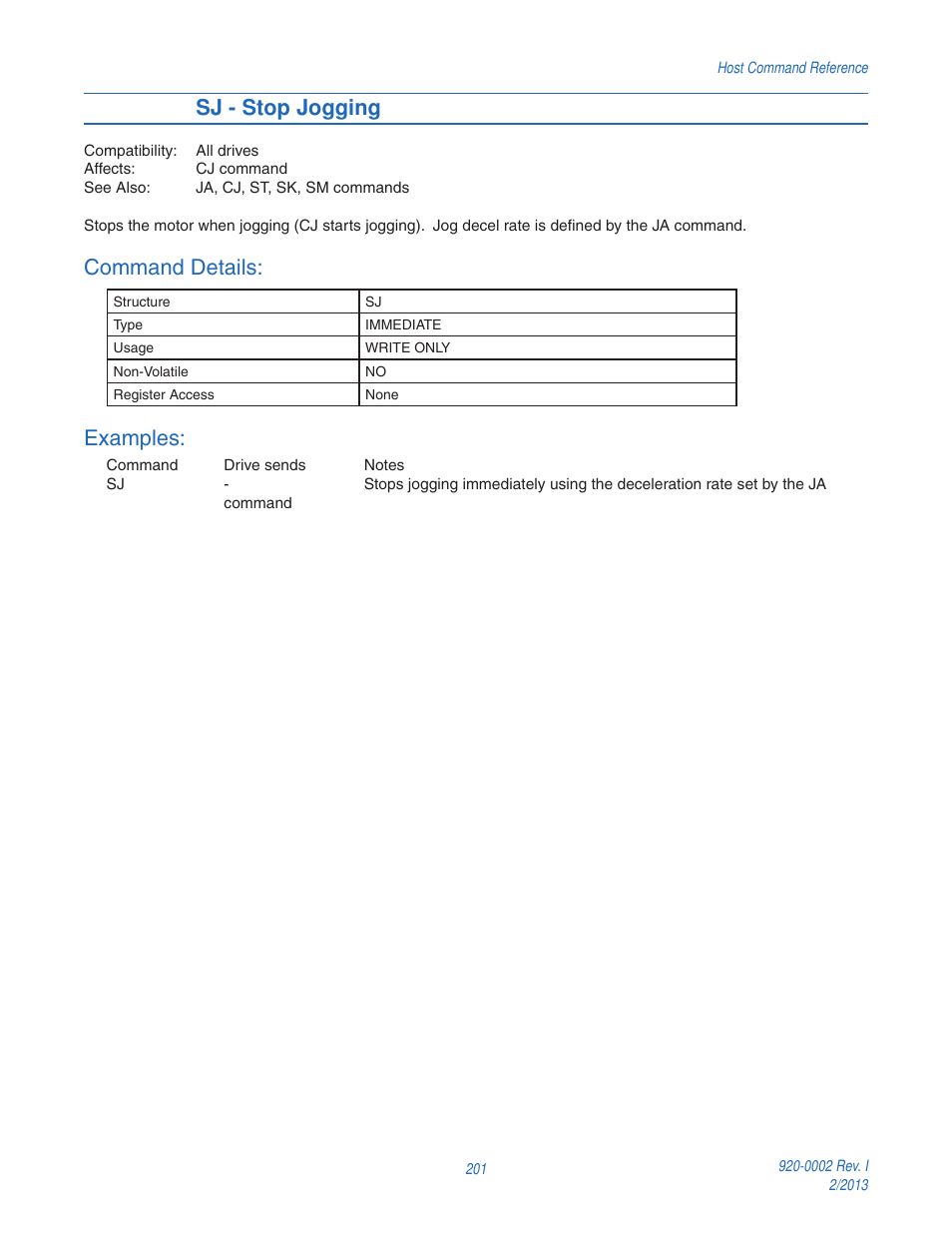 Sj - stop jogging, Command details, Examples | Applied Motion RS-232 User Manual | Page 201 / 320