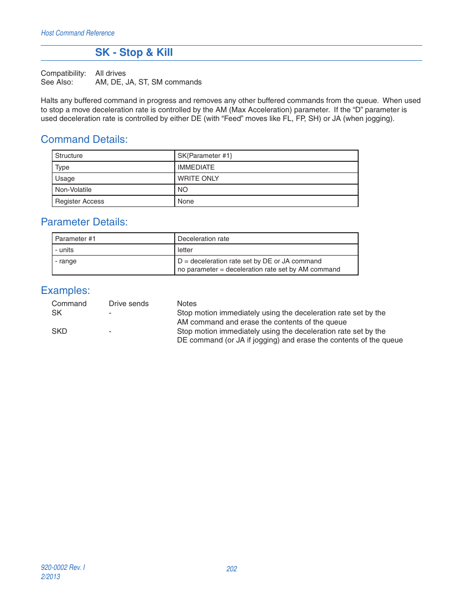 Sk - stop & kill, Command details, Parameter details | Examples | Applied Motion RS-232 User Manual | Page 202 / 320