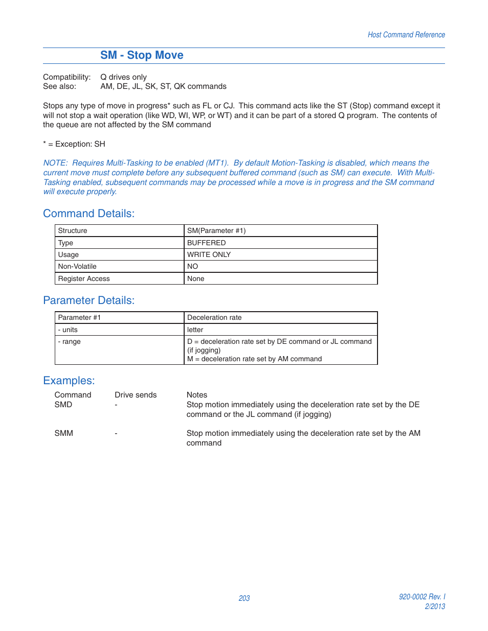 Sm - stop move, Command details, Parameter details | Examples | Applied Motion RS-232 User Manual | Page 203 / 320