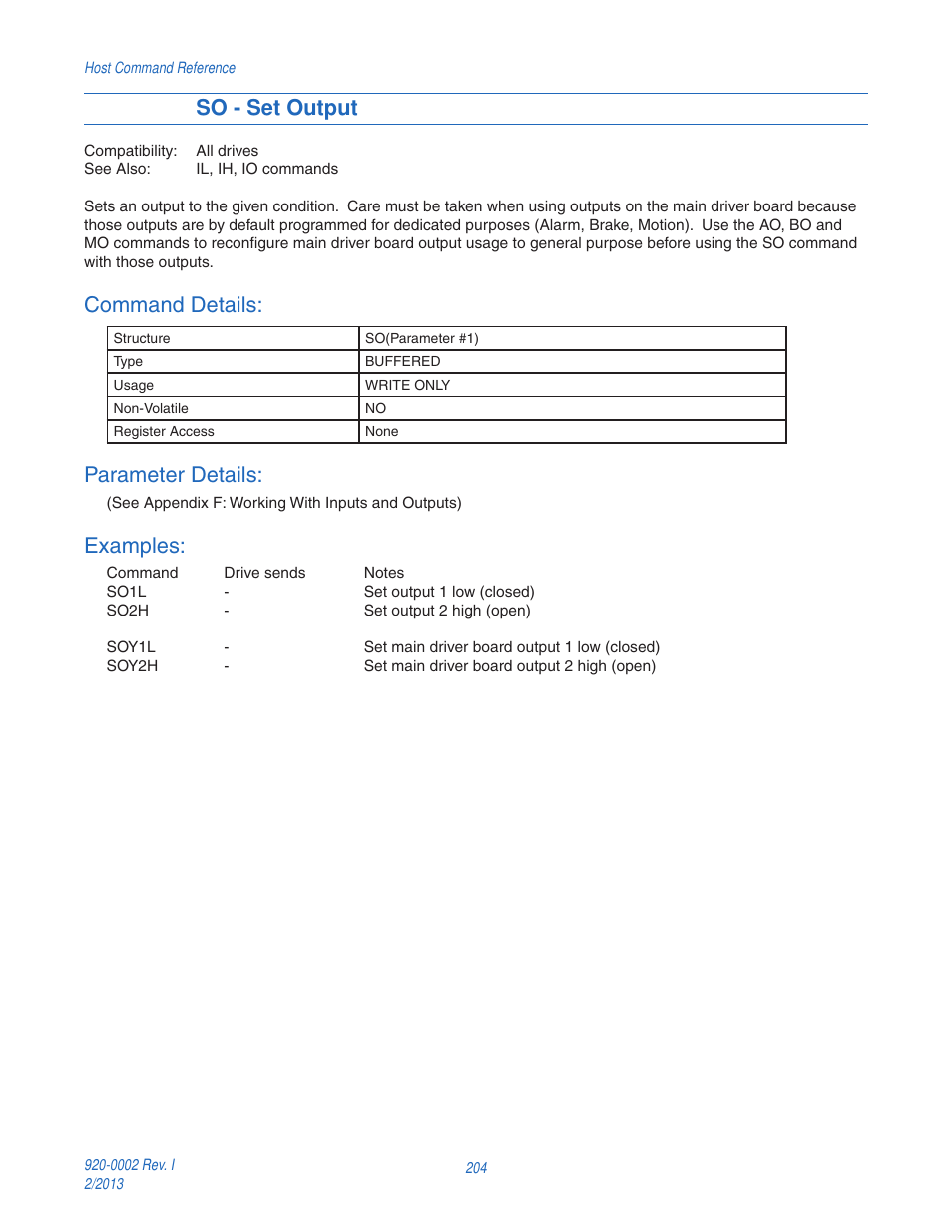 So - set output, Command details, Parameter details | Examples | Applied Motion RS-232 User Manual | Page 204 / 320