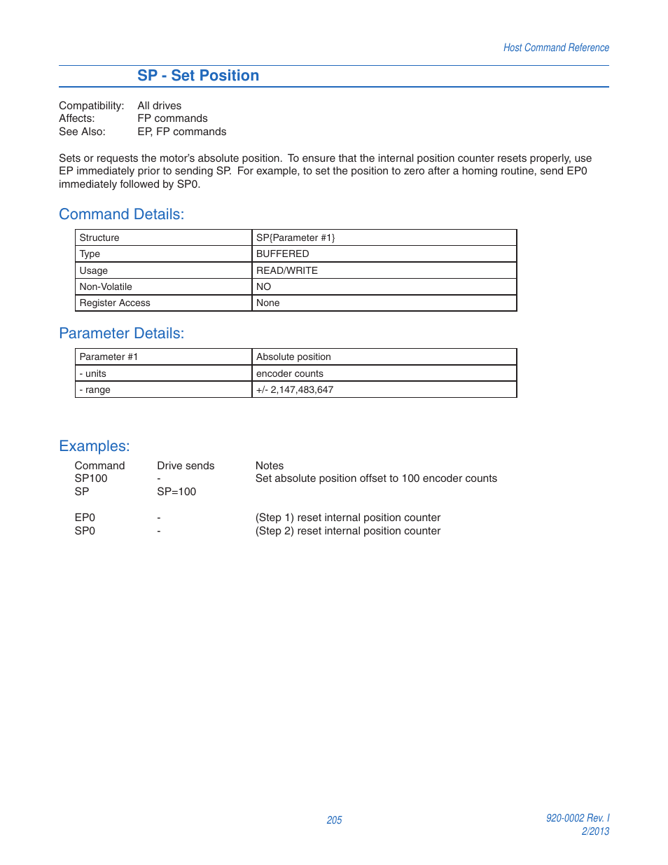 Sp - set position, Command details, Parameter details | Examples | Applied Motion RS-232 User Manual | Page 205 / 320