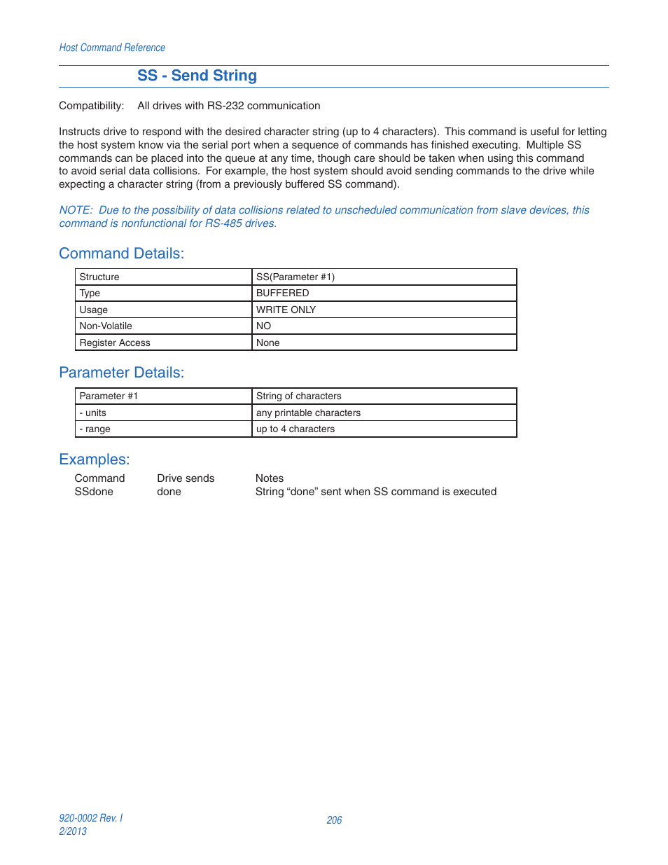 Ss - send string, Command details, Parameter details | Examples | Applied Motion RS-232 User Manual | Page 206 / 320