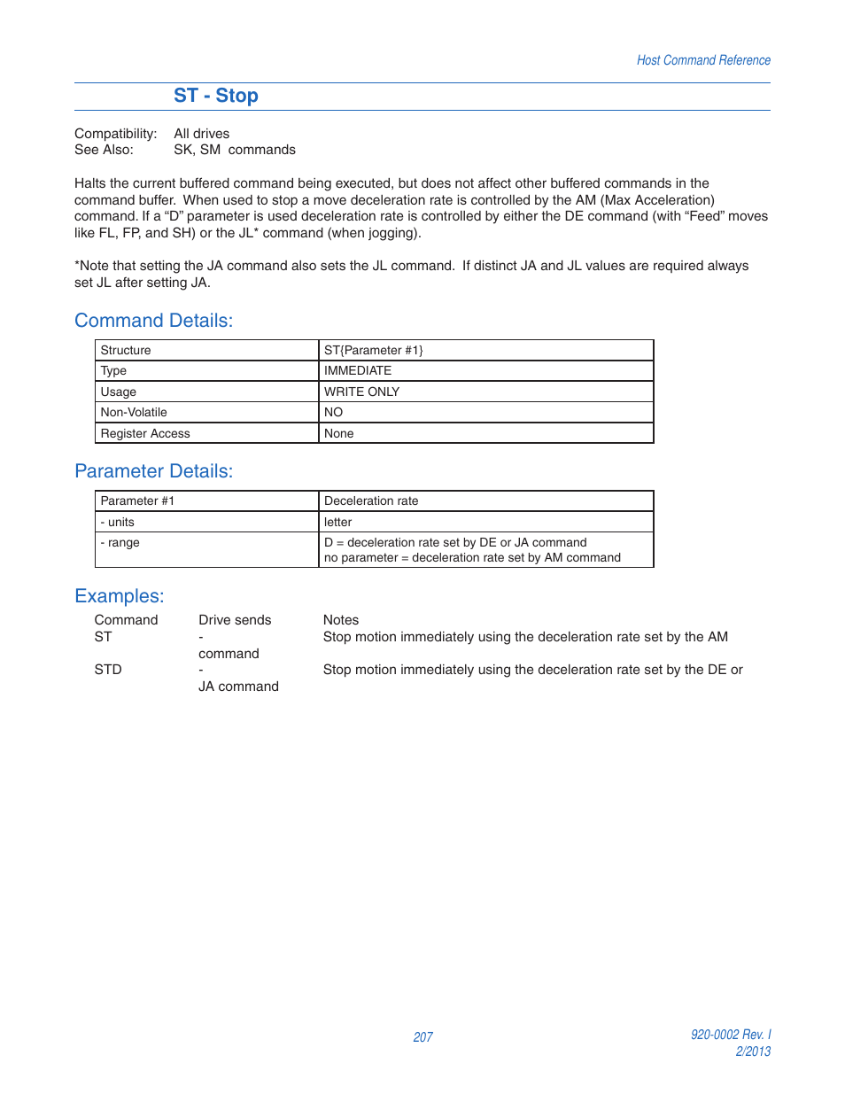 St - stop, Command details, Parameter details | Examples | Applied Motion RS-232 User Manual | Page 207 / 320