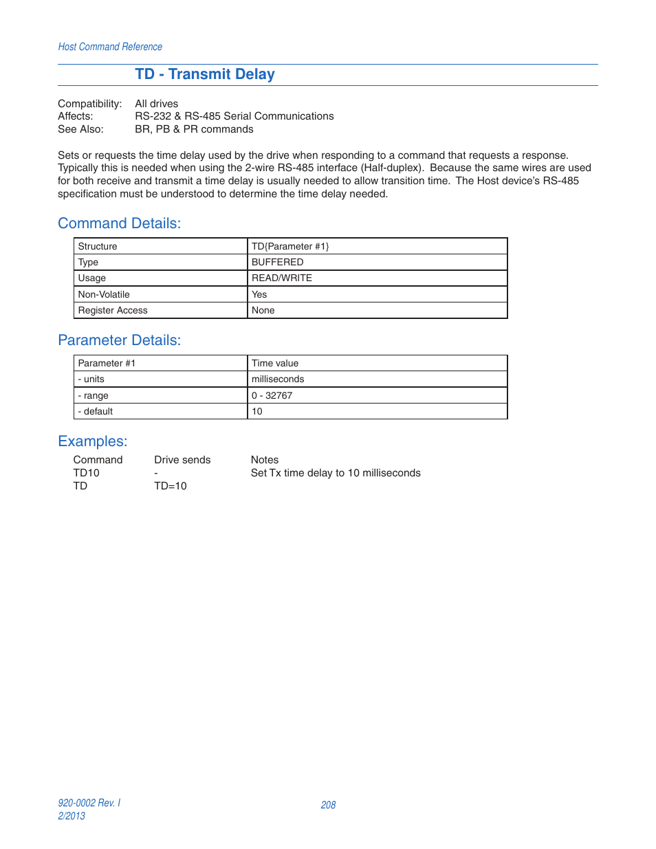 Td - transmit delay, Command details, Parameter details | Examples | Applied Motion RS-232 User Manual | Page 208 / 320