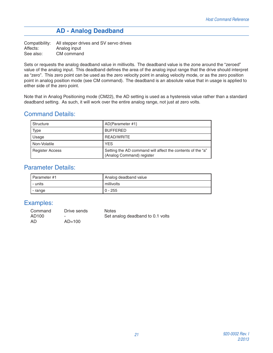 Ad - analog deadband, Command details, Parameter details | Examples | Applied Motion RS-232 User Manual | Page 21 / 320