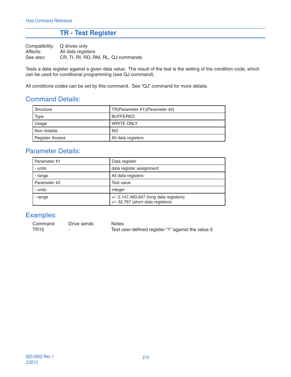 Tr - test register, Command details, Parameter details | Examples | Applied Motion RS-232 User Manual | Page 210 / 320
