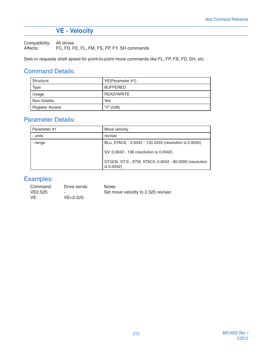 Ve - velocity, Command details, Parameter details | Examples | Applied Motion RS-232 User Manual | Page 213 / 320