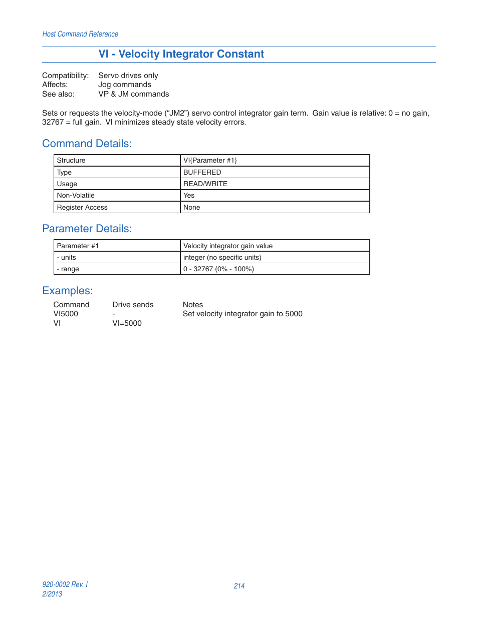 Vi - velocity integrator constant, Command details, Parameter details | Examples | Applied Motion RS-232 User Manual | Page 214 / 320