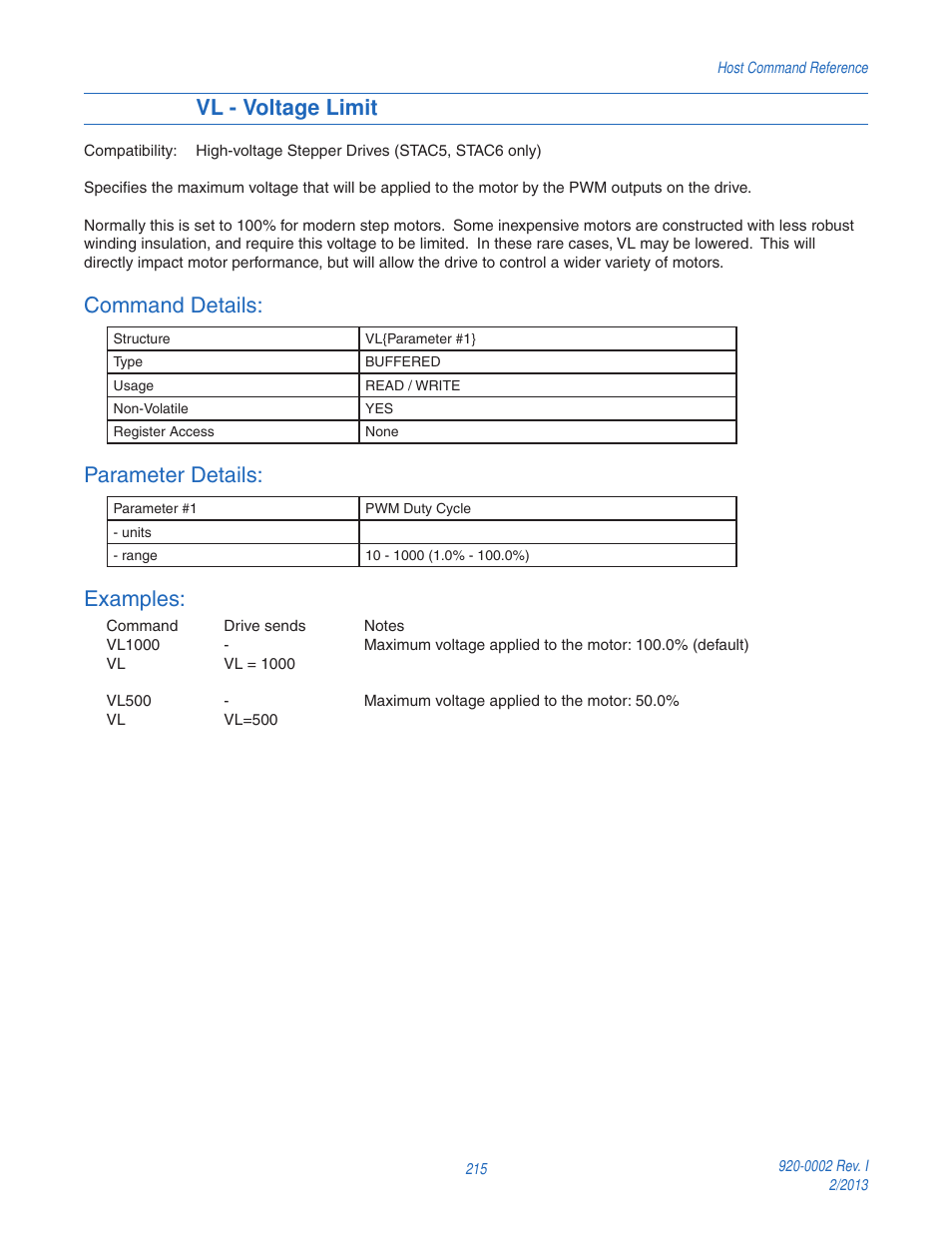 Vl - voltage limit, Command details, Parameter details | Examples | Applied Motion RS-232 User Manual | Page 215 / 320
