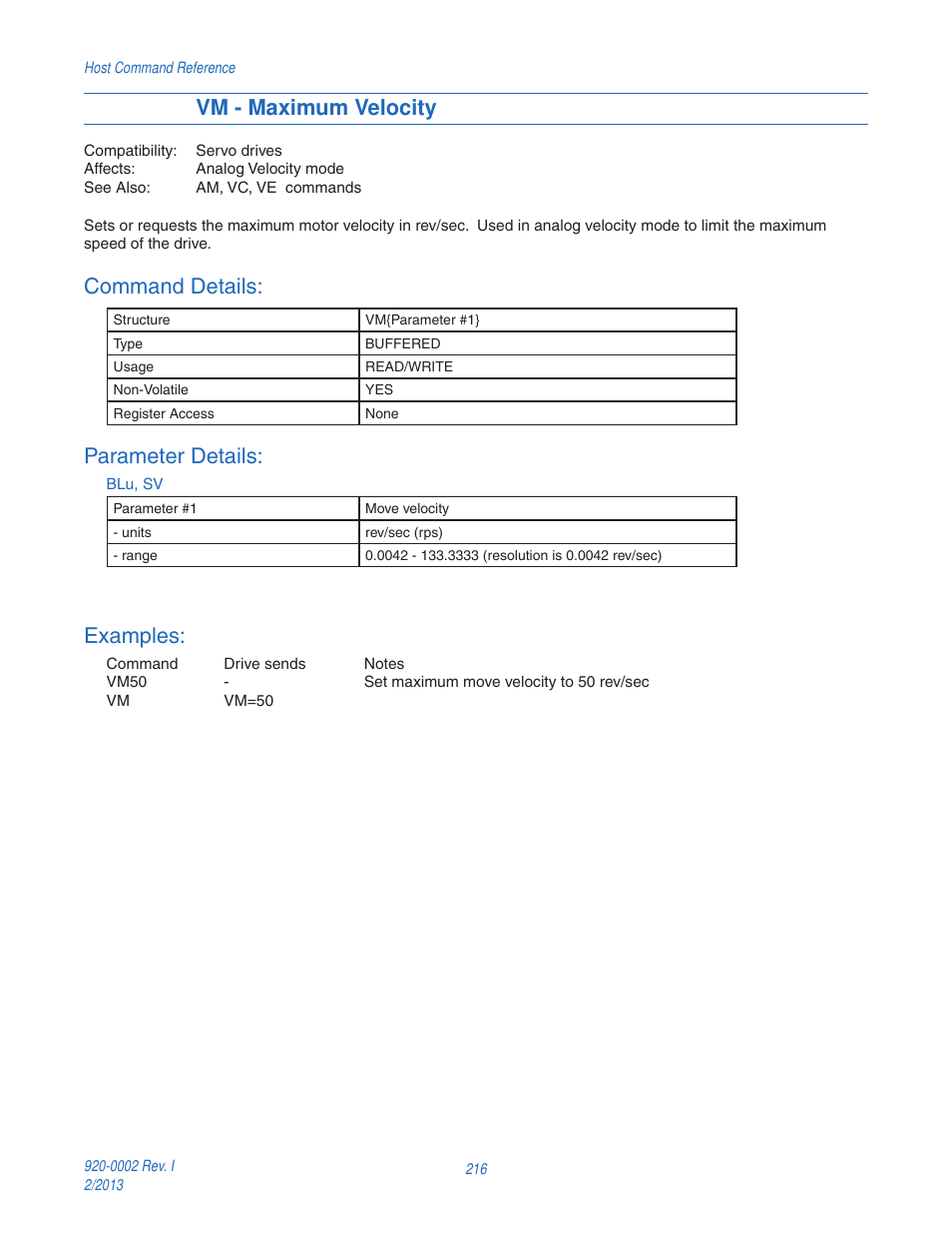 Vm - maximum velocity, Command details, Parameter details | Examples | Applied Motion RS-232 User Manual | Page 216 / 320