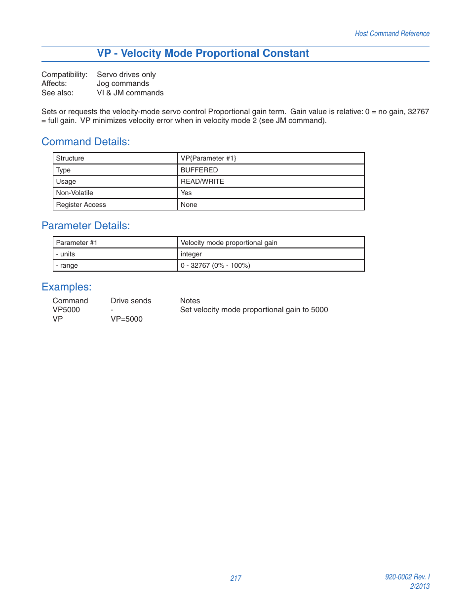 Vp - velocity mode proportional constant, Command details, Parameter details | Examples | Applied Motion RS-232 User Manual | Page 217 / 320