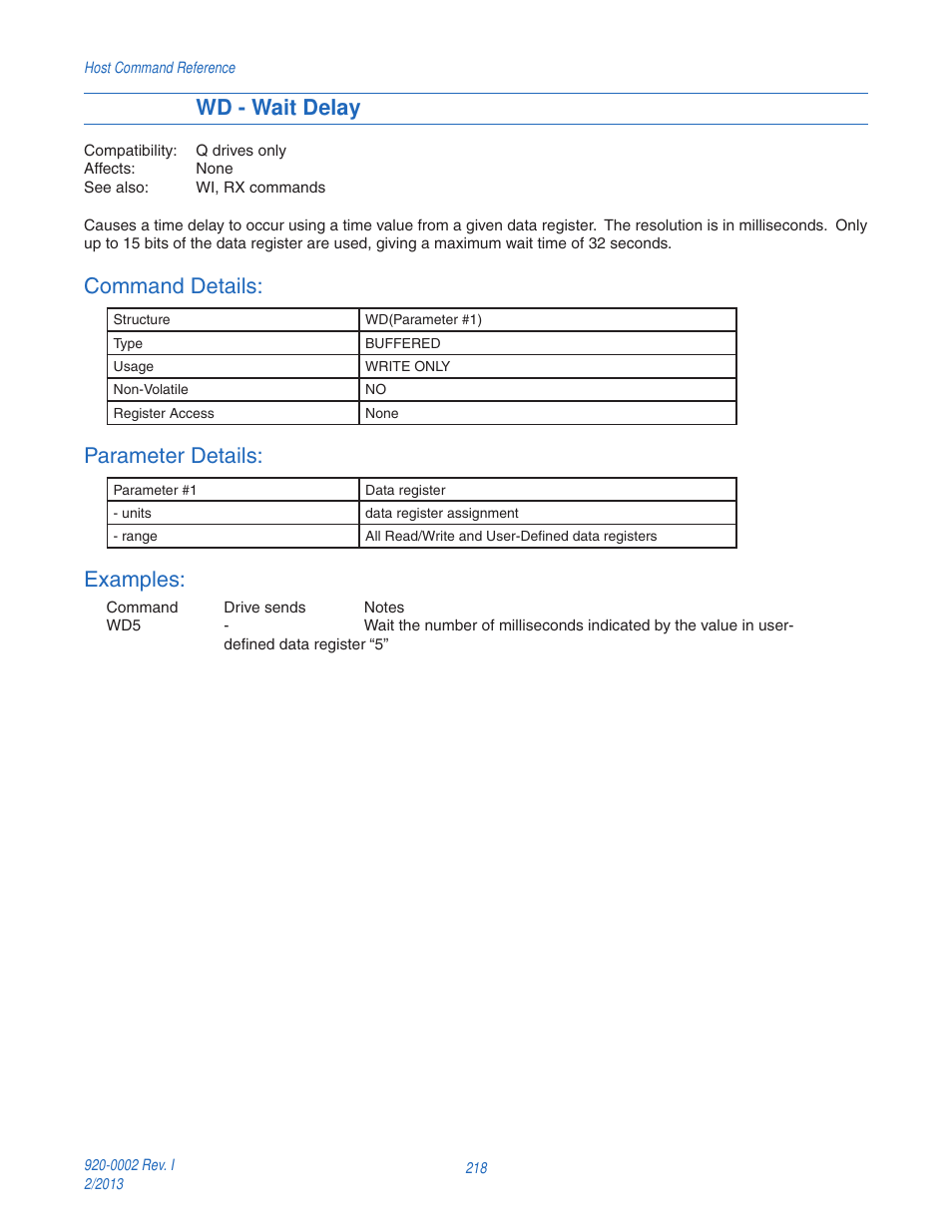 Wd - wait delay, Command details, Parameter details | Examples | Applied Motion RS-232 User Manual | Page 218 / 320