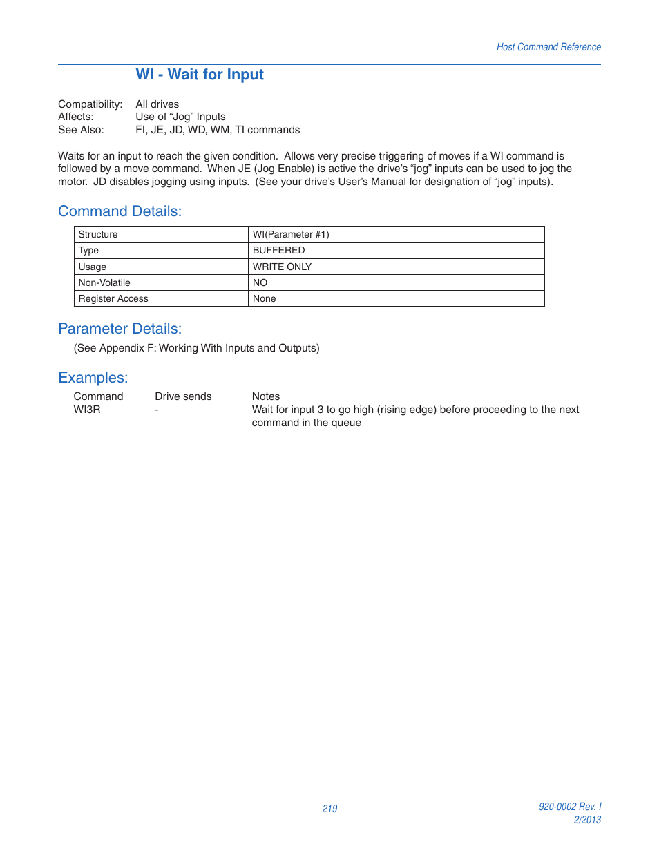 Wi - wait for input, Command details, Parameter details | Examples | Applied Motion RS-232 User Manual | Page 219 / 320