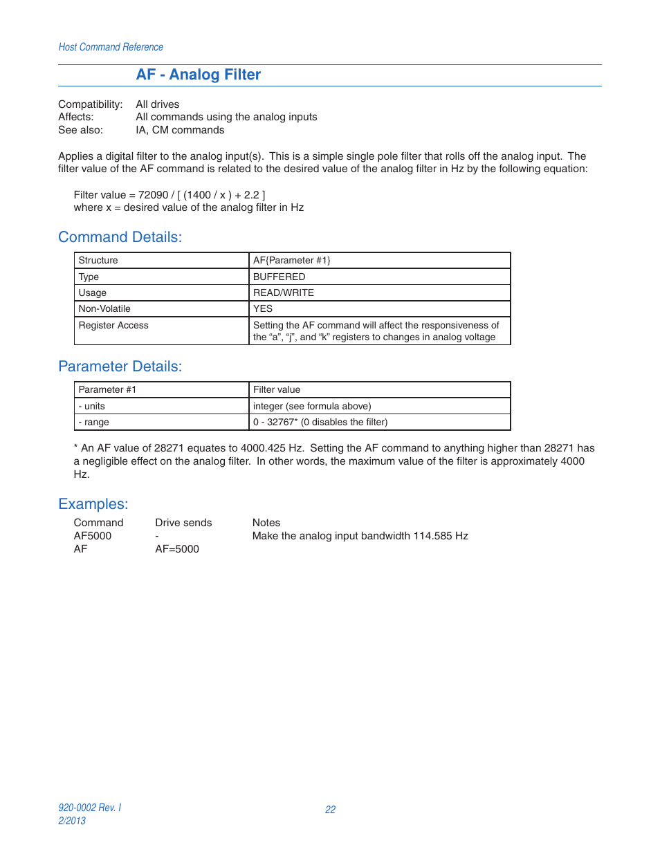 Af - analog filter, Command details, Parameter details | Examples | Applied Motion RS-232 User Manual | Page 22 / 320