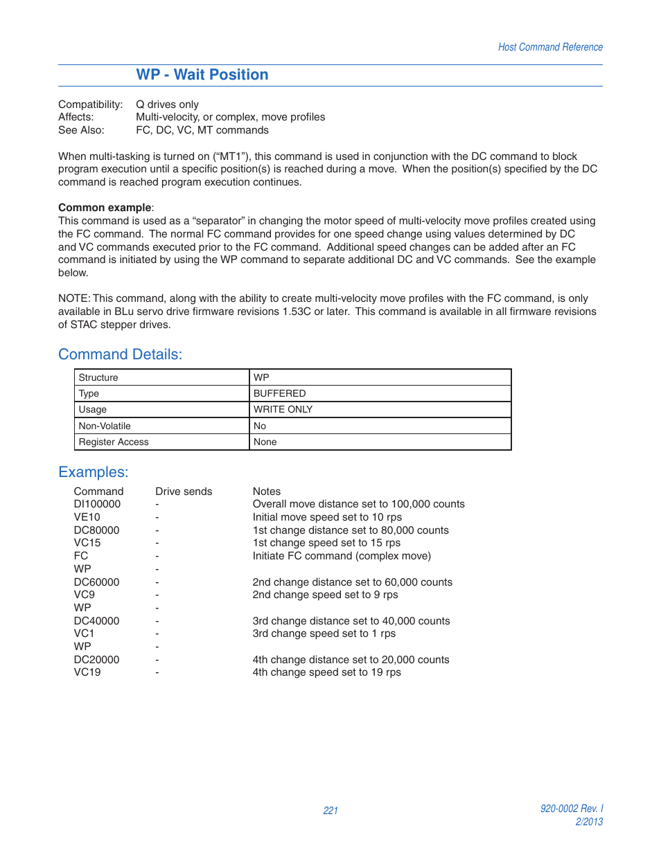 Wp - wait position, Command details, Examples | Applied Motion RS-232 User Manual | Page 221 / 320