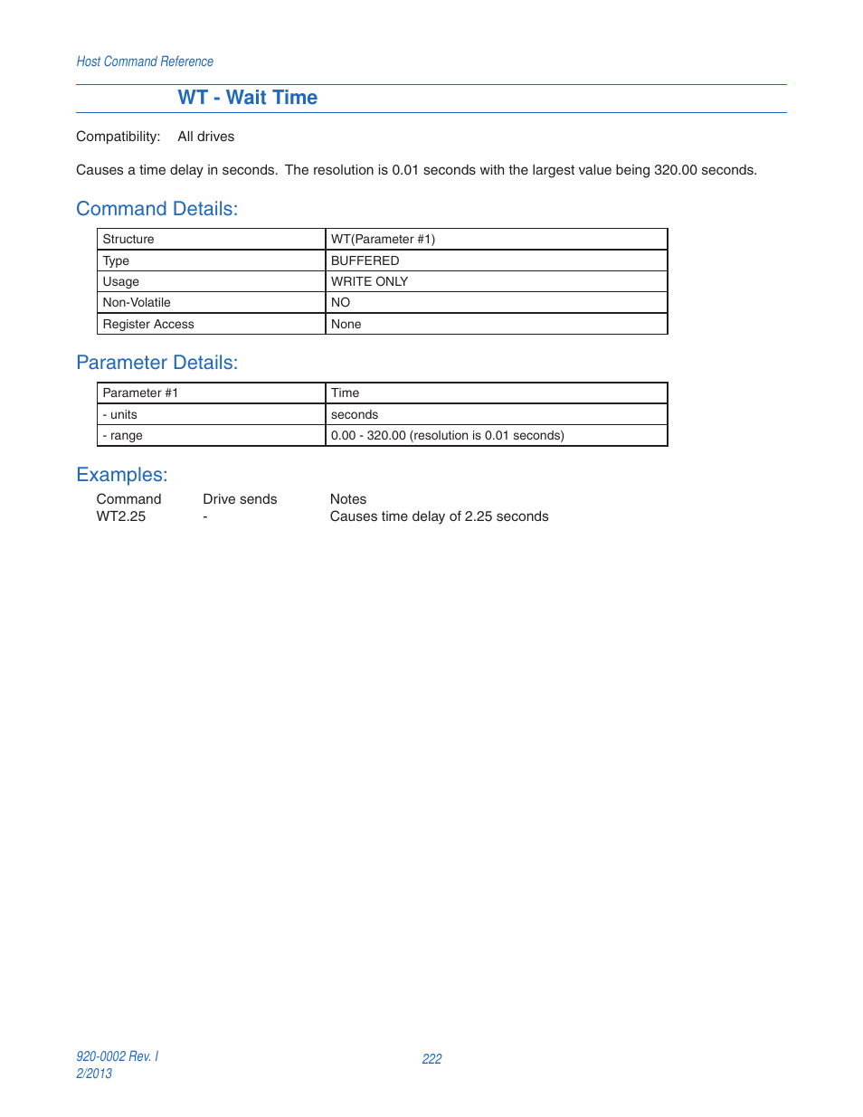 Wt - wait time, Command details, Parameter details | Examples | Applied Motion RS-232 User Manual | Page 222 / 320