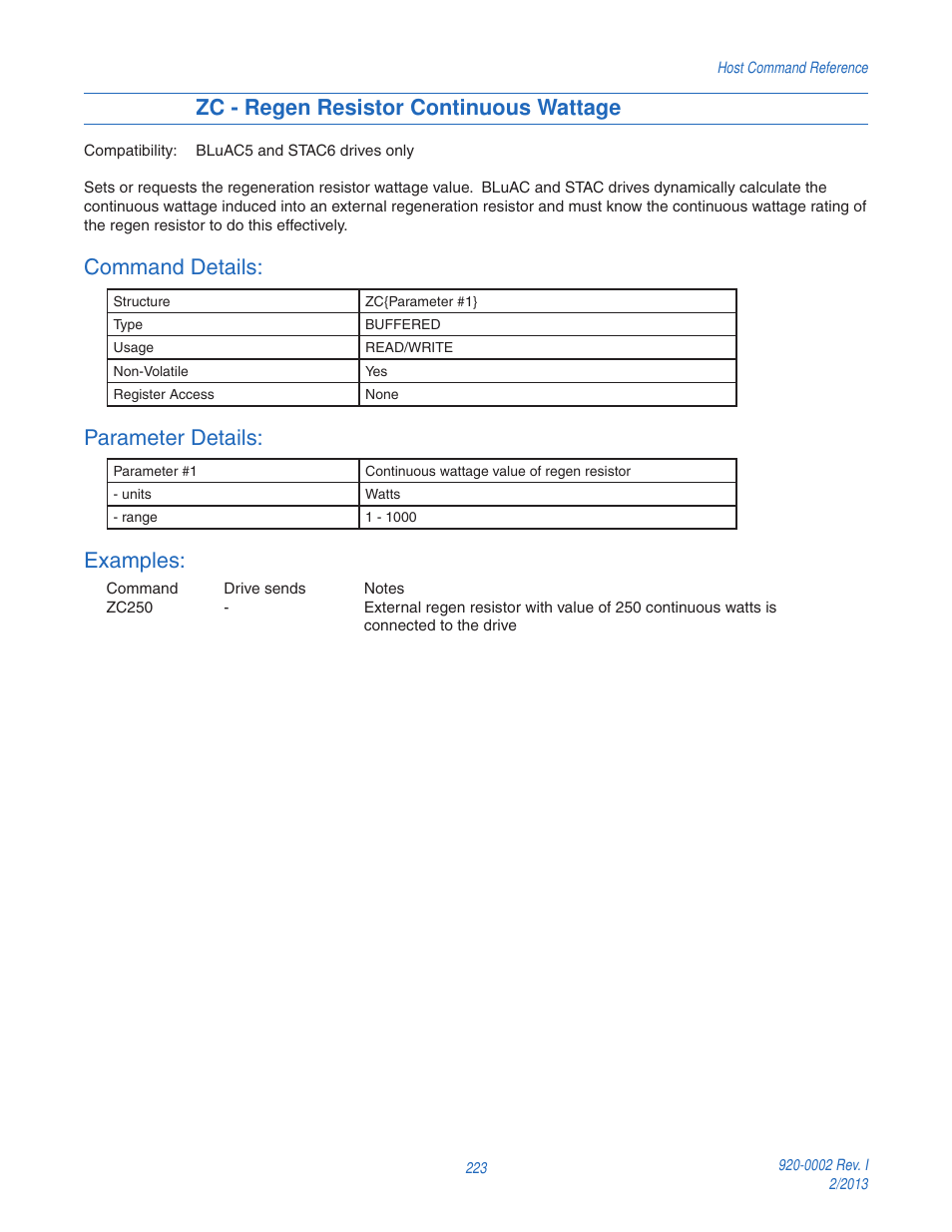 Zc - regen resistor continuous wattage, Command details, Parameter details | Examples | Applied Motion RS-232 User Manual | Page 223 / 320