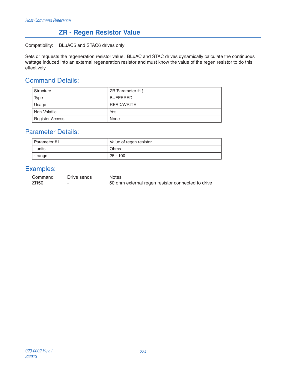 Zr - regen resistor value, Command details, Parameter details | Examples | Applied Motion RS-232 User Manual | Page 224 / 320