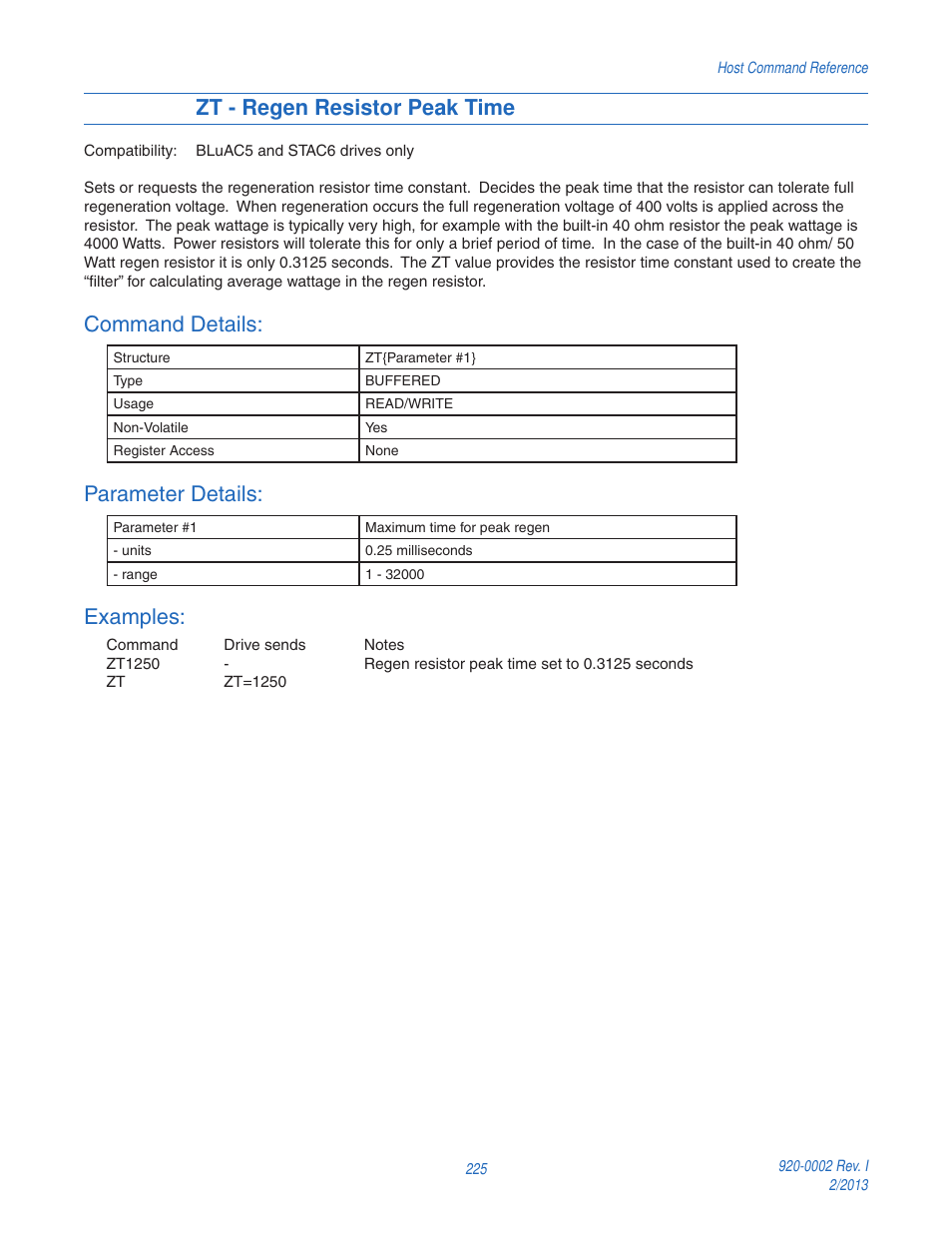 Zt - regen resistor peak time, Command details, Parameter details | Examples | Applied Motion RS-232 User Manual | Page 225 / 320