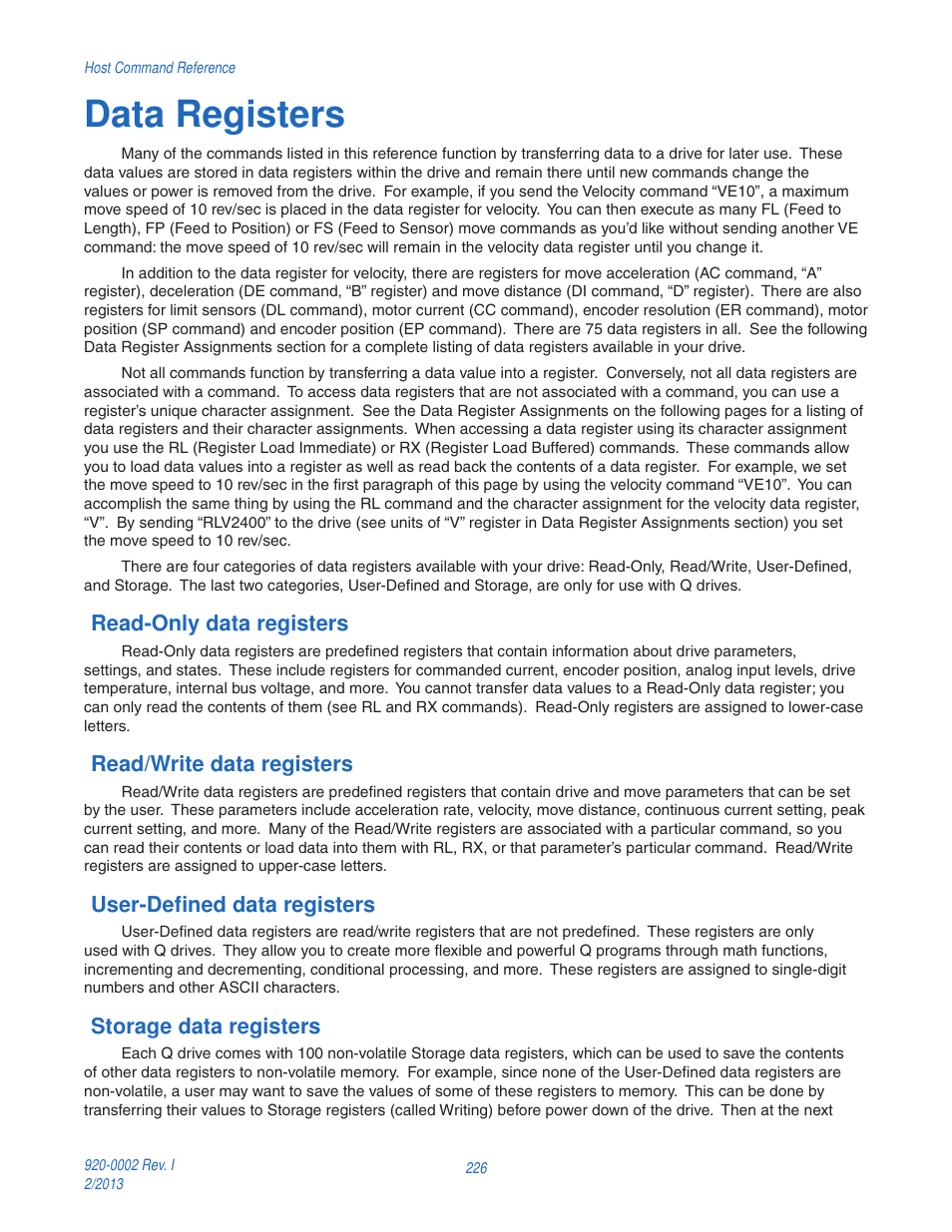 Data registers, Read-only data registers, Read/write data registers | User-defined data registers, Storage data registers | Applied Motion RS-232 User Manual | Page 226 / 320