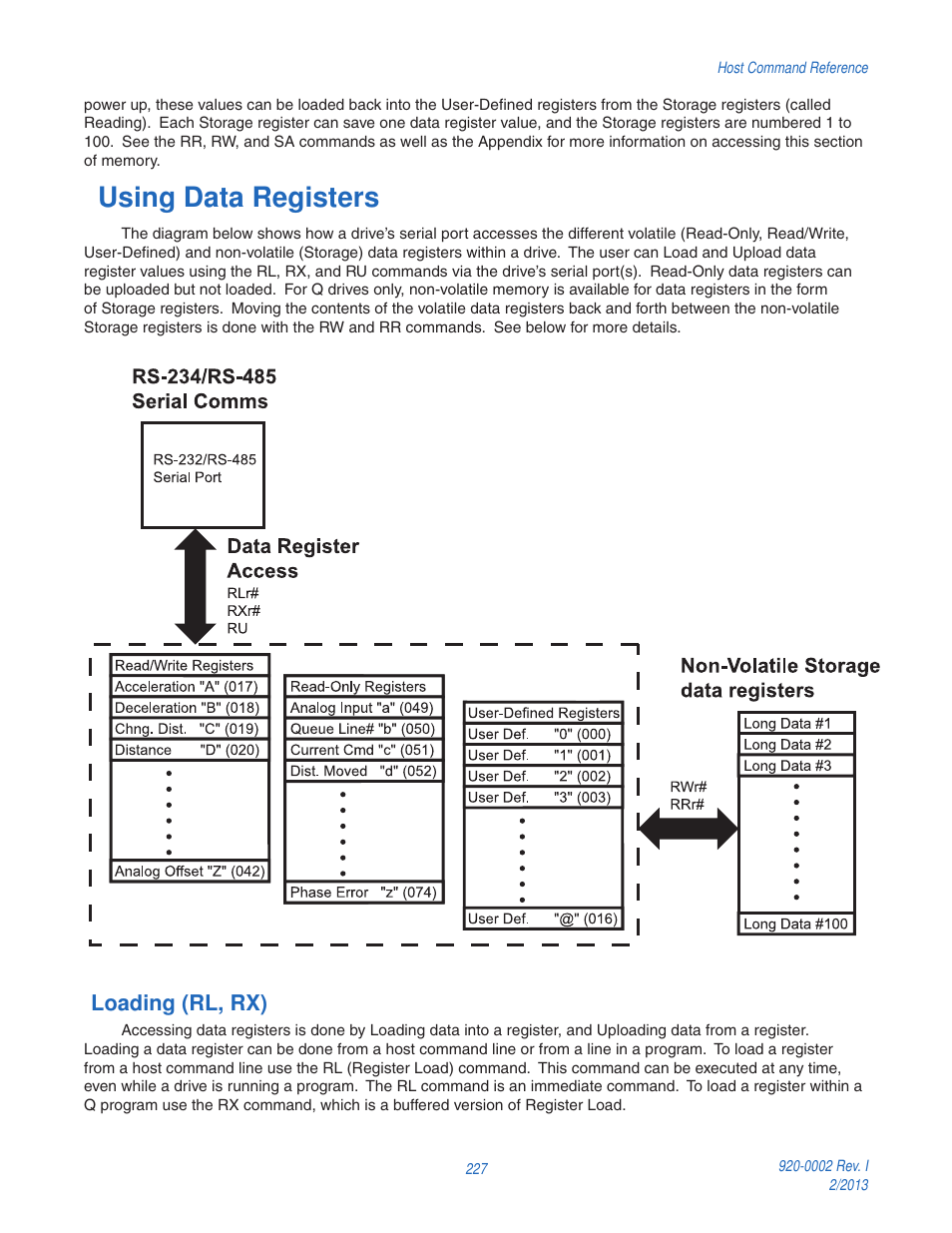 Using data registers, Loading (rl, rx) | Applied Motion RS-232 User Manual | Page 227 / 320