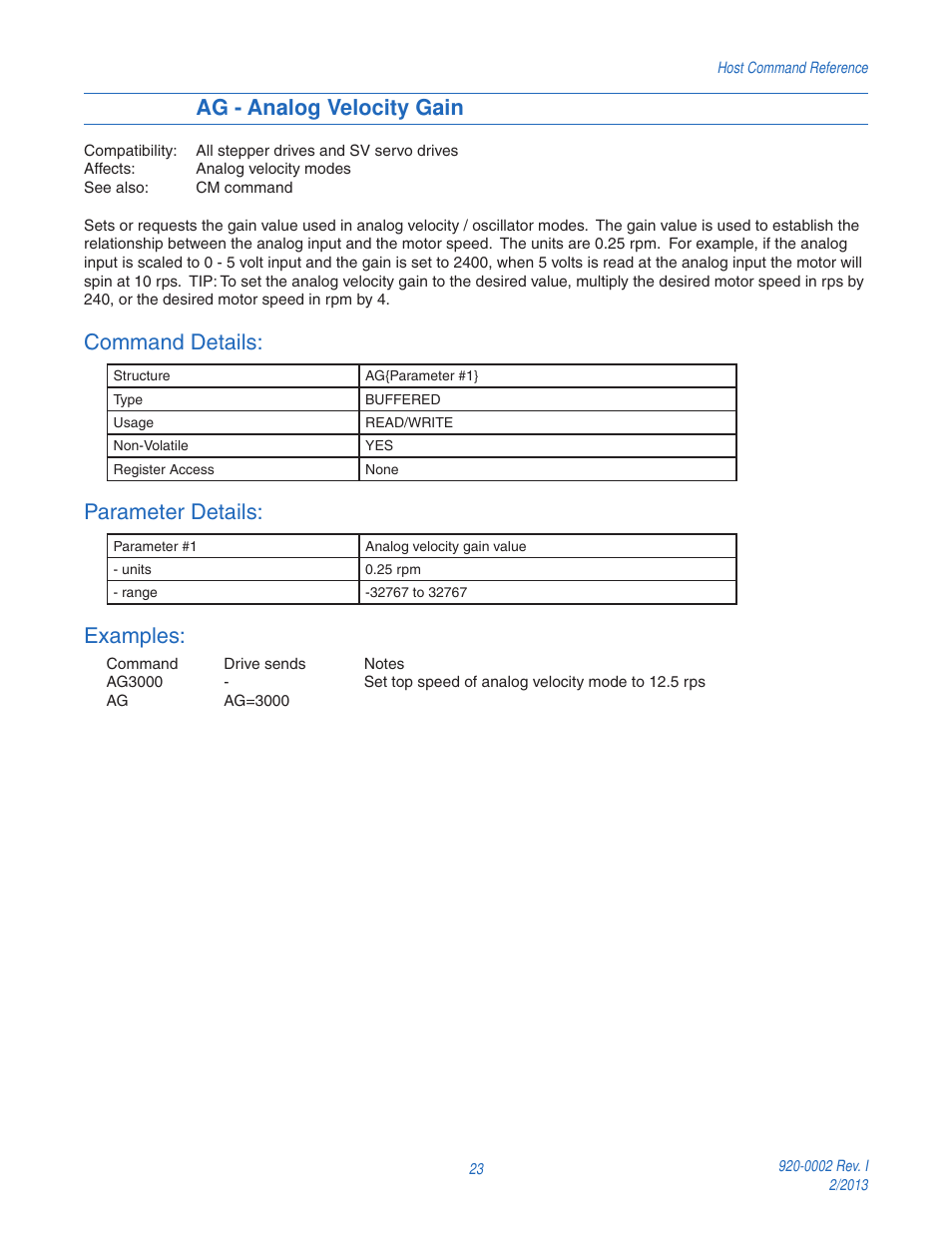Ag - analog velocity gain, Command details, Parameter details | Examples | Applied Motion RS-232 User Manual | Page 23 / 320