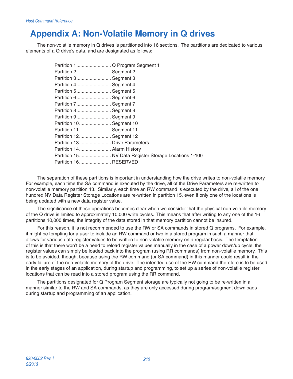 Appendix a: non-volatile memory in q drives | Applied Motion RS-232 User Manual | Page 240 / 320