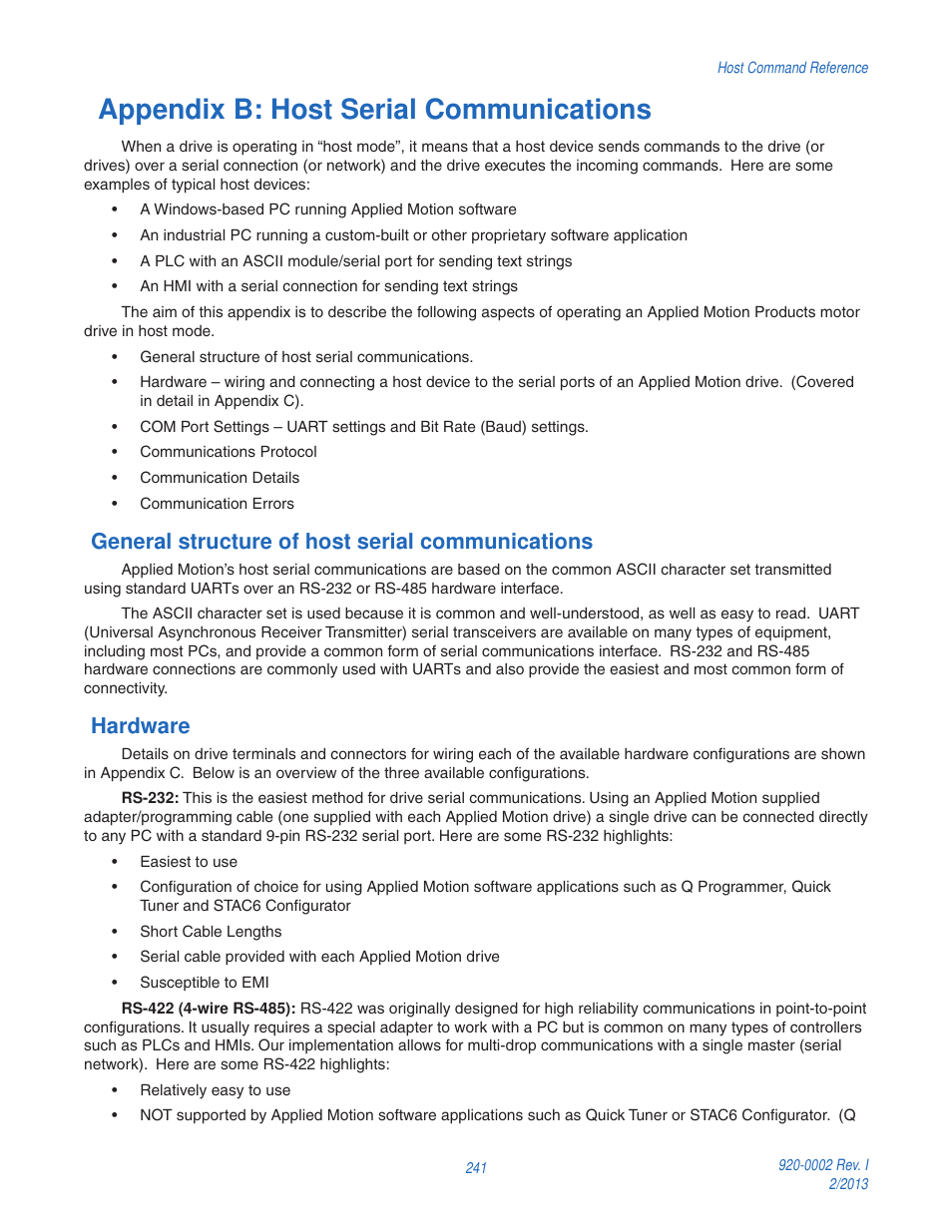 Appendix b: host serial communications, General structure of host serial communications, Hardware | Applied Motion RS-232 User Manual | Page 241 / 320